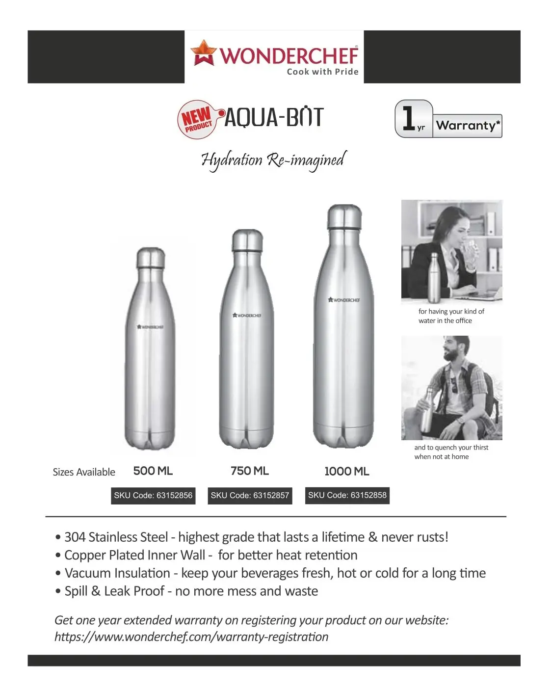 Wonderchef Aqua-Bot Vacuum Bottle Stainless Steel (SS Finish) 1L