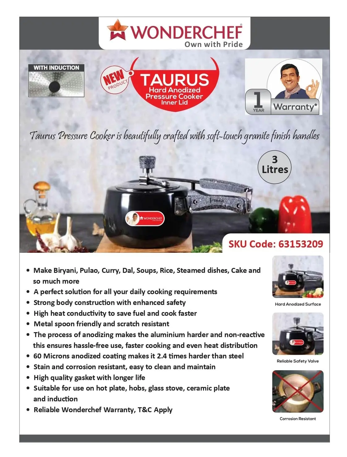 Wonderchef Taurus Hard Anodized Pressure Cooker Inner Lid 3L