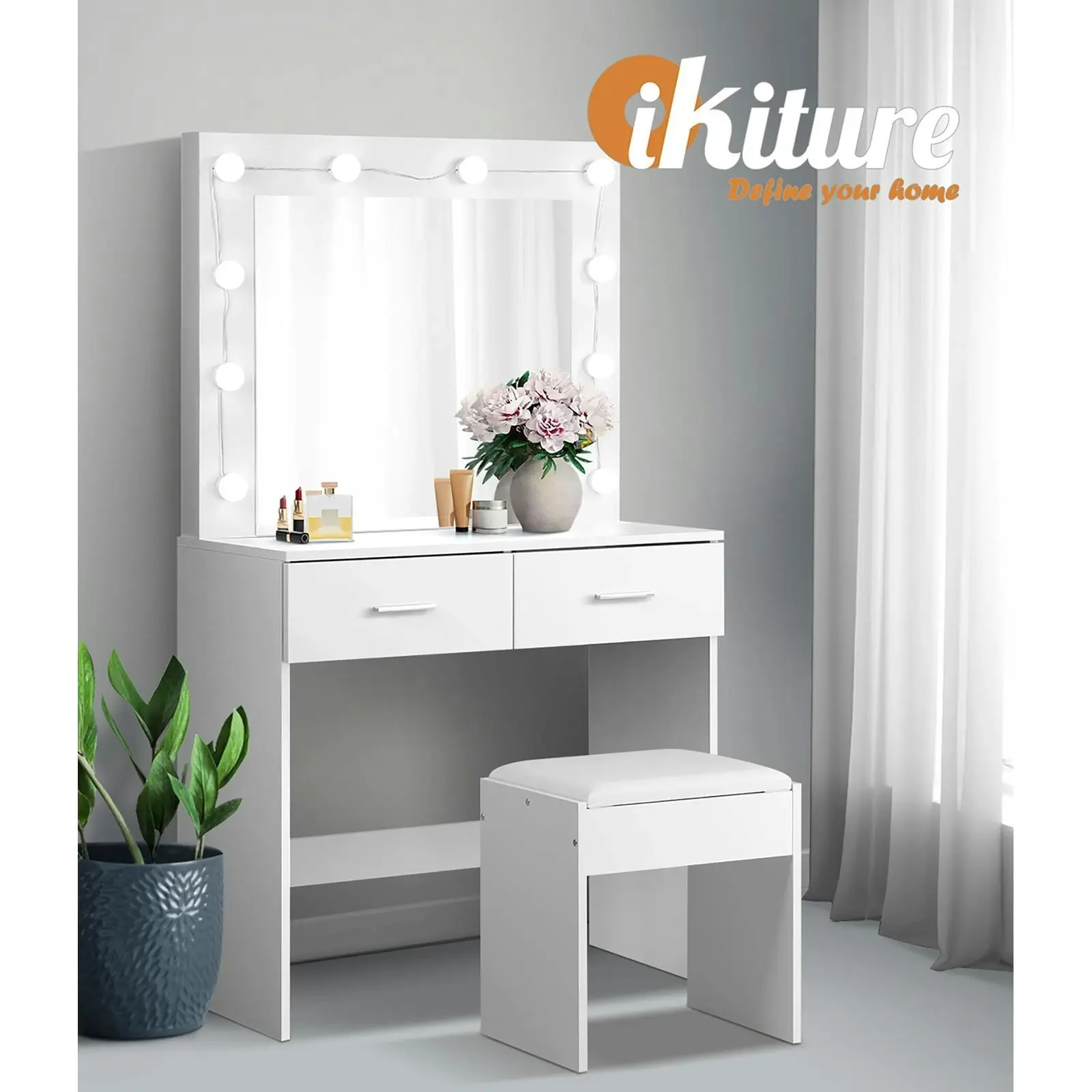 Oikiture Dressing Table Stool Set Makeup Mirror Storage Desk 10 LED Bulbs White