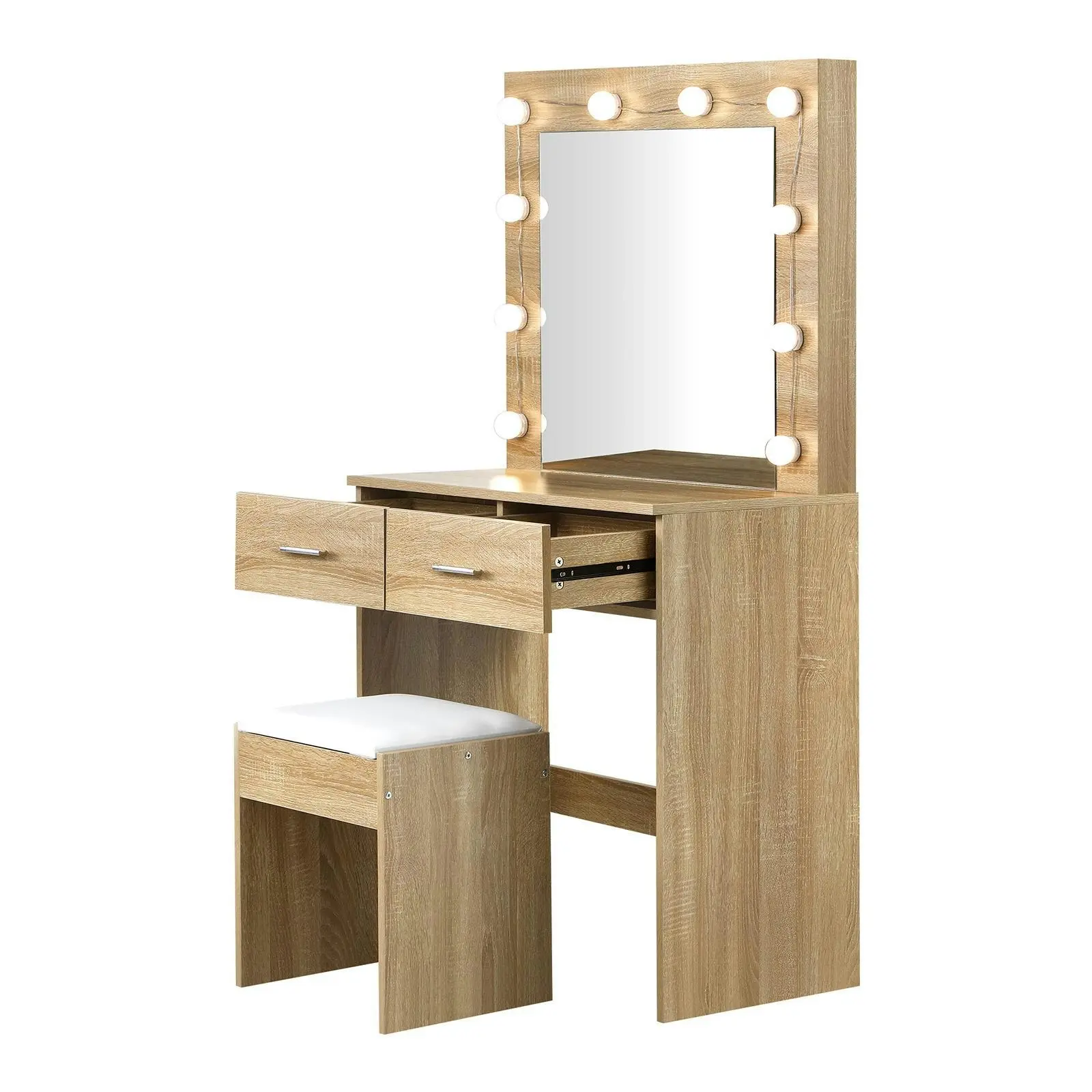 Oikiture Dressing Table Stool Set Makeup Mirror Storage Desk 10 LED Bulbs Wooden