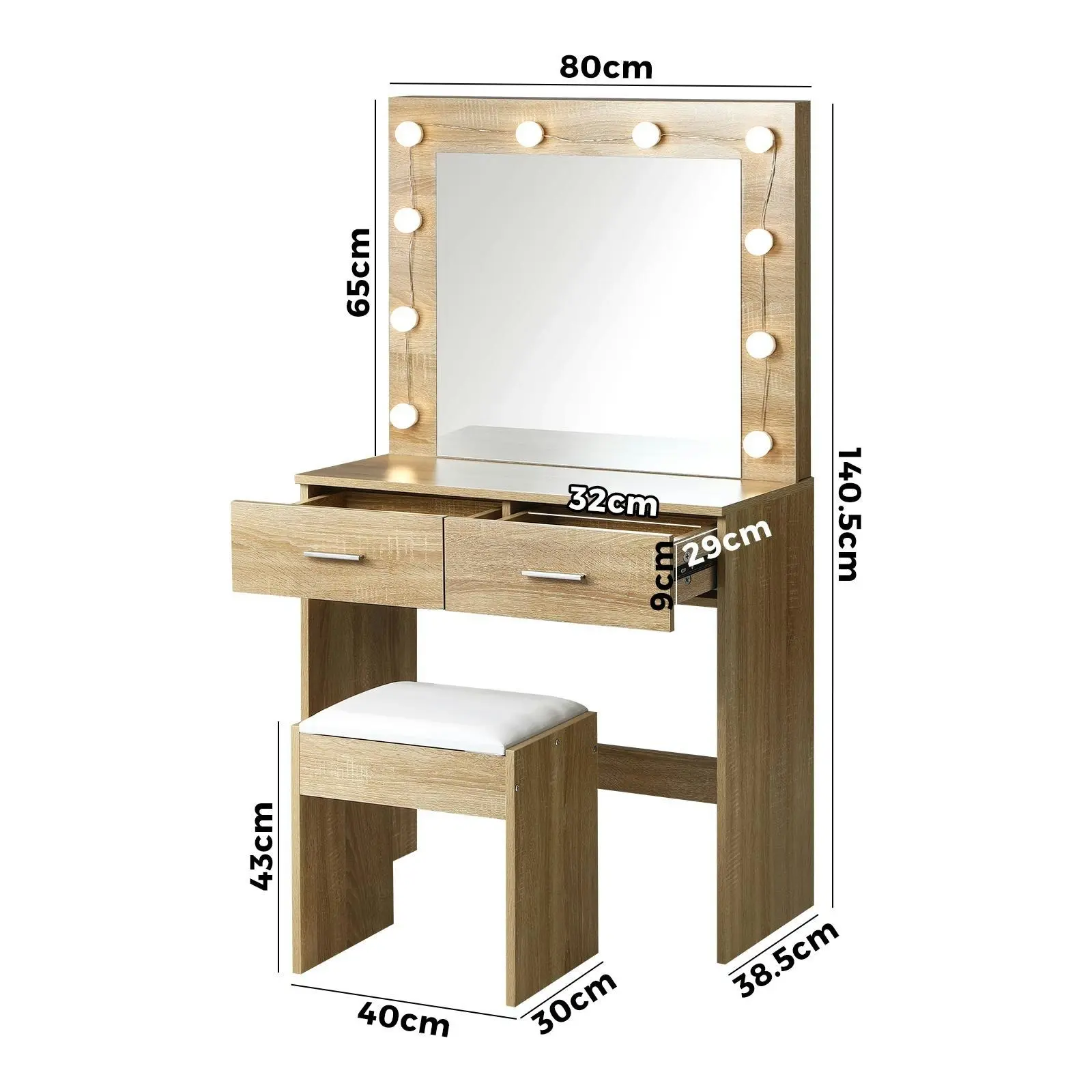 Oikiture Dressing Table Stool Set Makeup Mirror Storage Desk 10 LED Bulbs Wooden