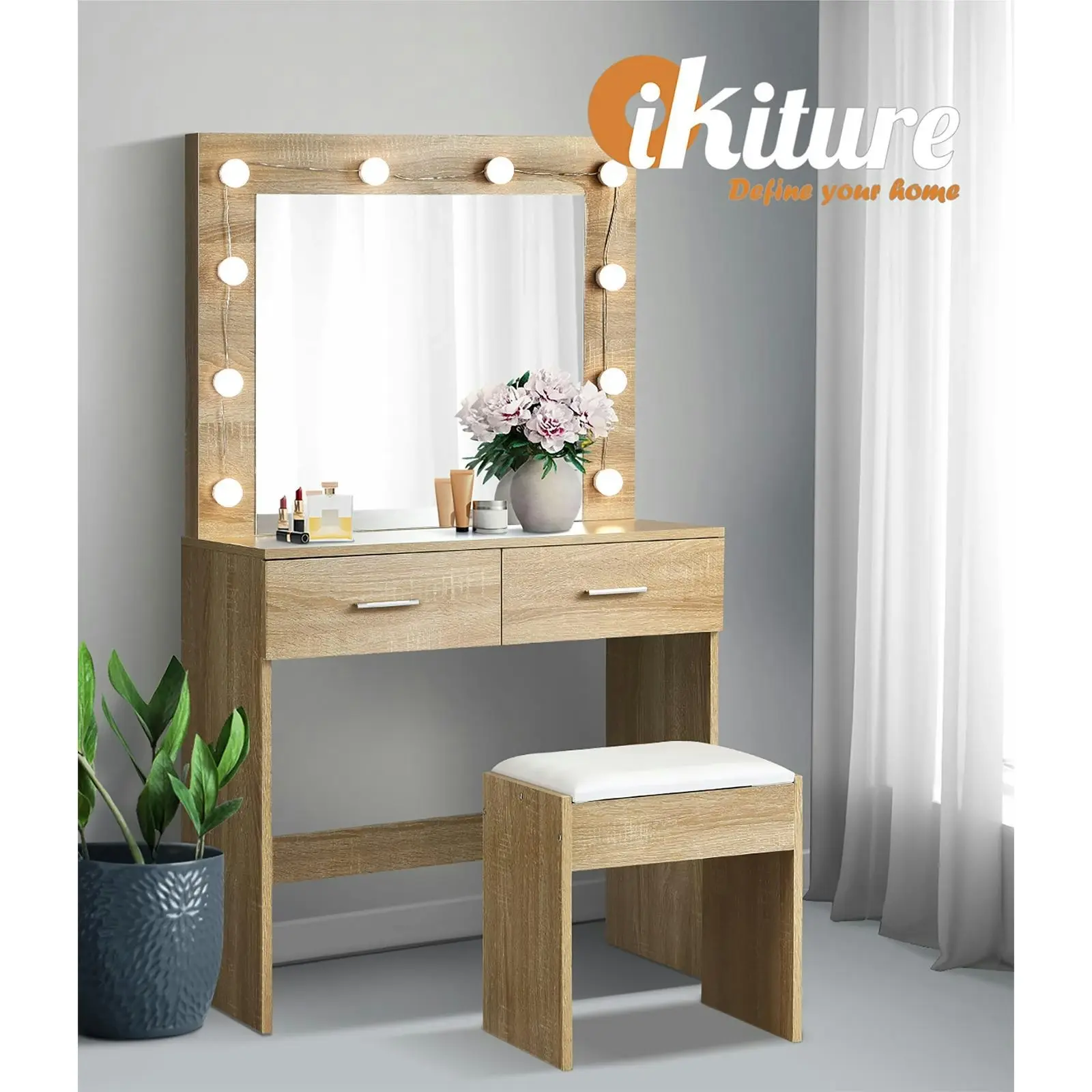 Oikiture Dressing Table Stool Set Makeup Mirror Storage Desk 10 LED Bulbs Wooden