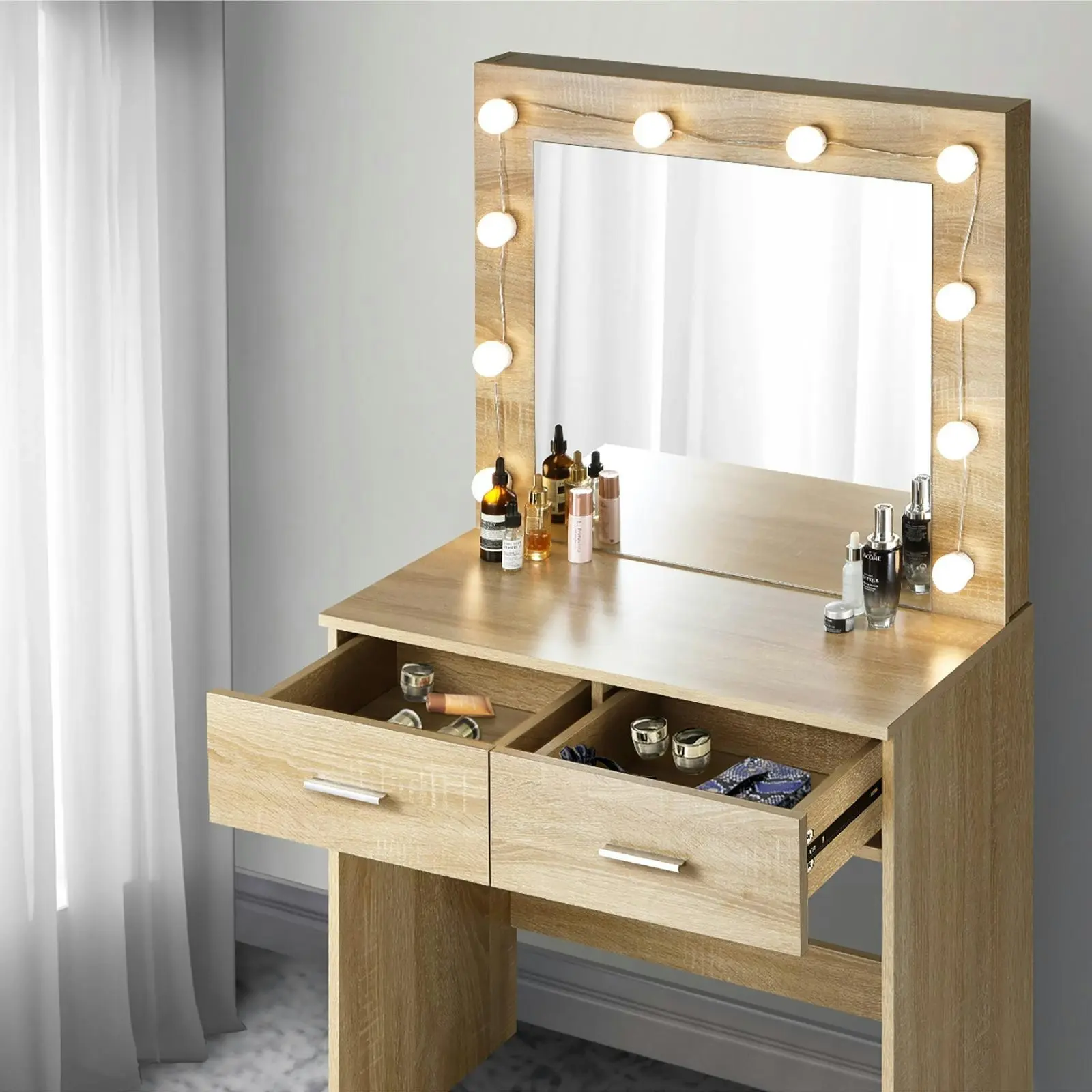 Oikiture Dressing Table Stool Set Makeup Mirror Storage Desk 10 LED Bulbs Wooden