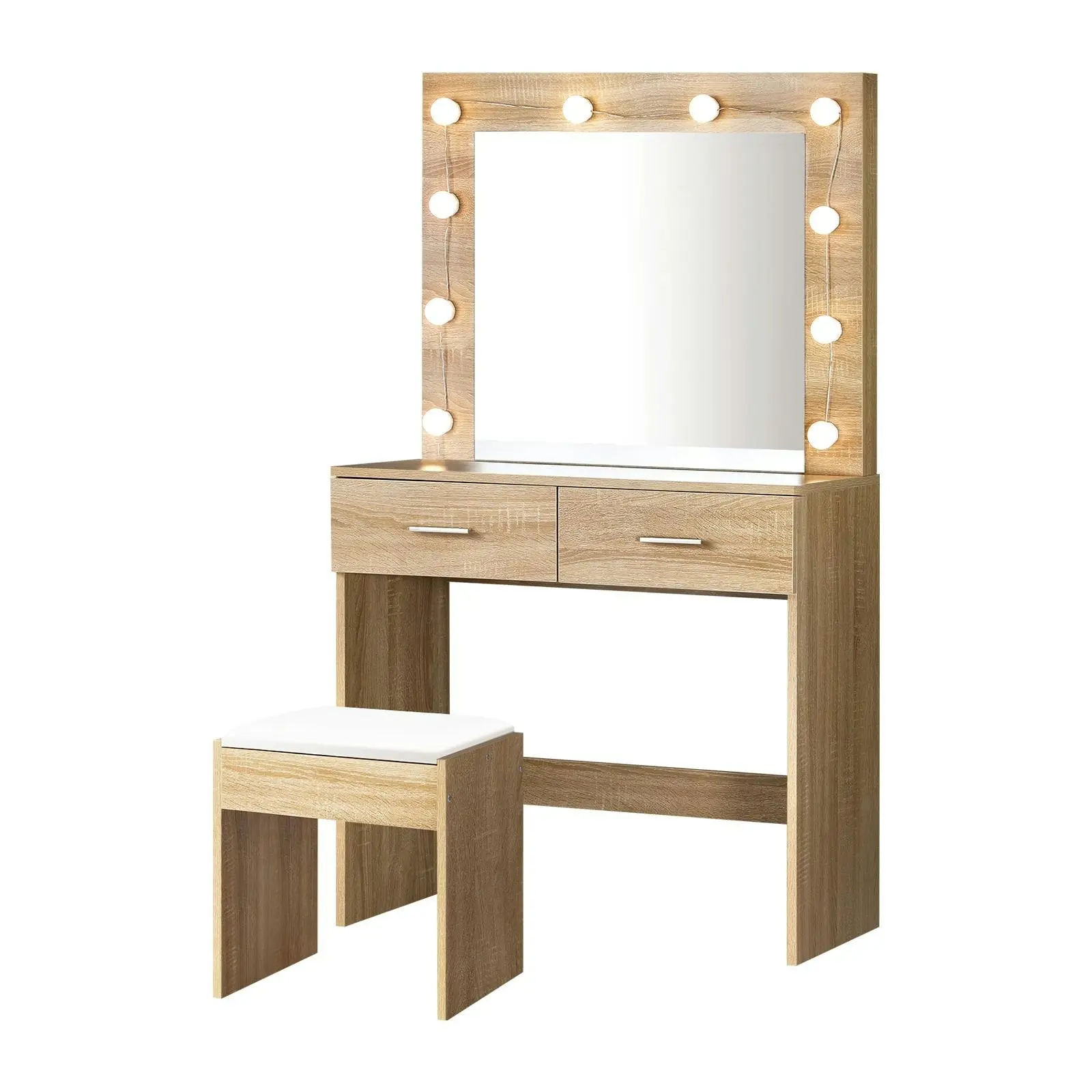 Oikiture Dressing Table Stool Set Makeup Mirror Storage Desk 10 LED Bulbs Wooden