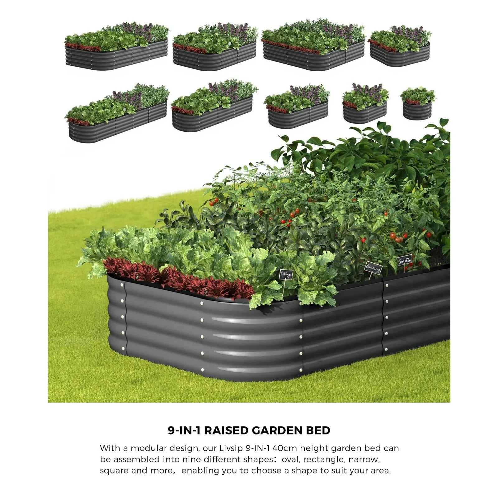 Livsip 9-IN-1 Raised Garden Bed Modular Kit Planter Oval Galvanised Steel 40CM