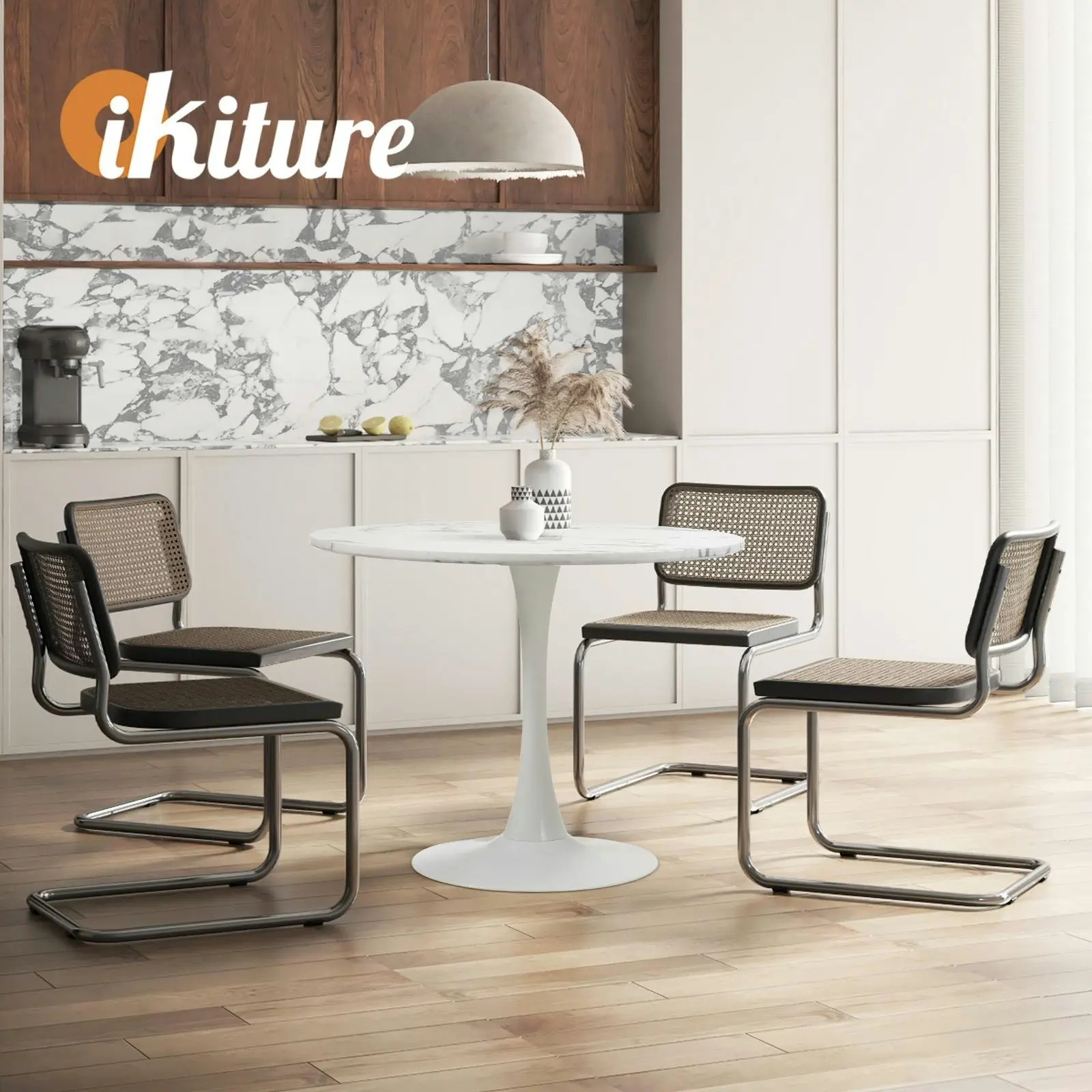 Oikiture 90cm Dining Table Kitchen Marble Tulip Round Metal Leg White