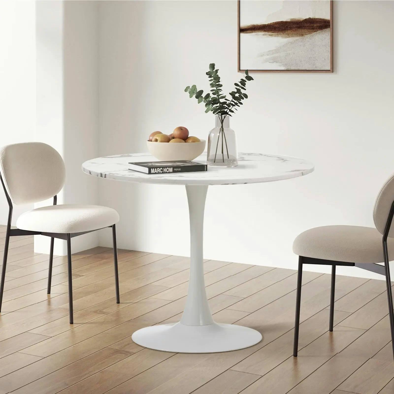 Oikiture 90cm Dining Table Kitchen Marble Tulip Round Metal Leg White