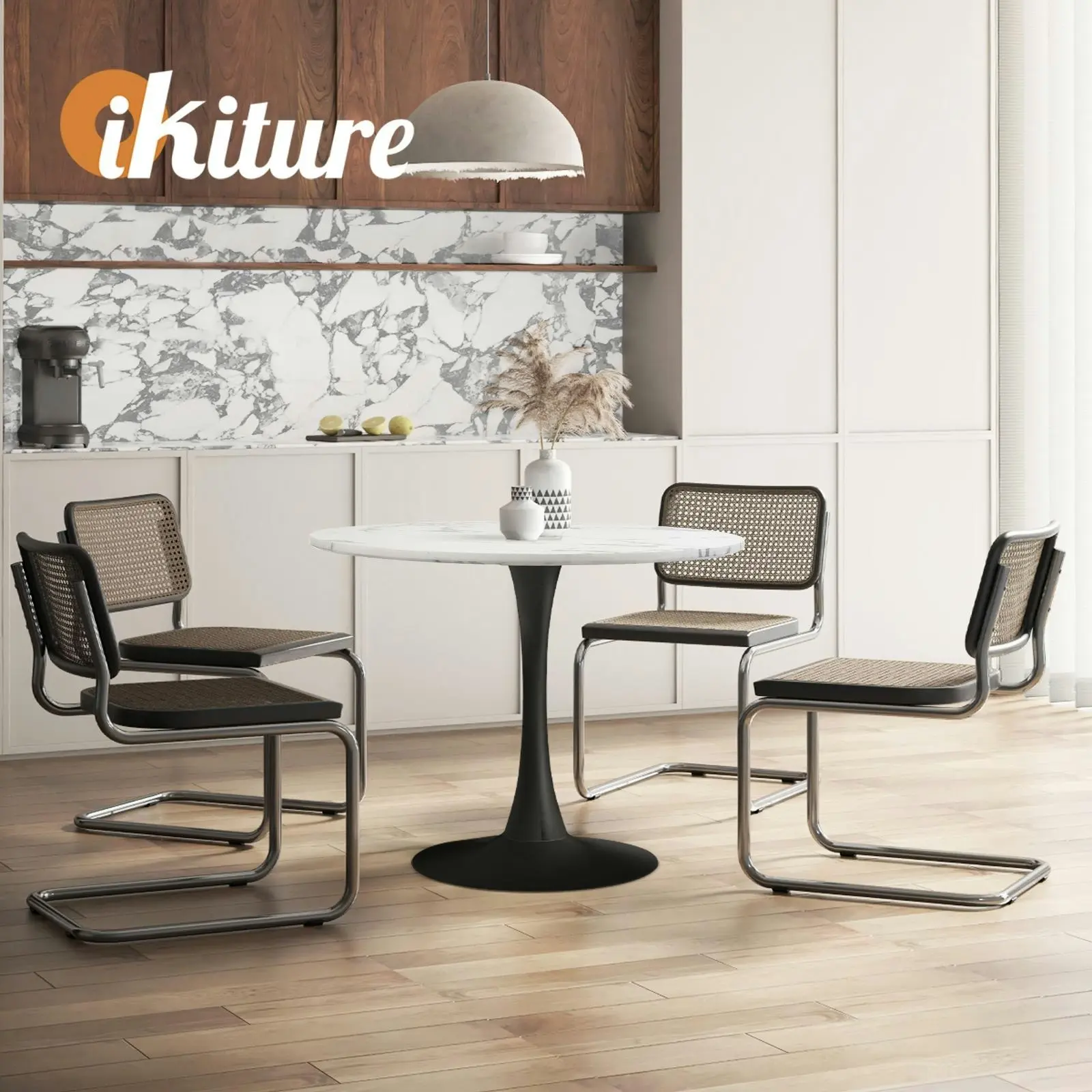 Oikiture 90cm Dining Table Kitchen Marble Tulip Round Metal Leg White&Black