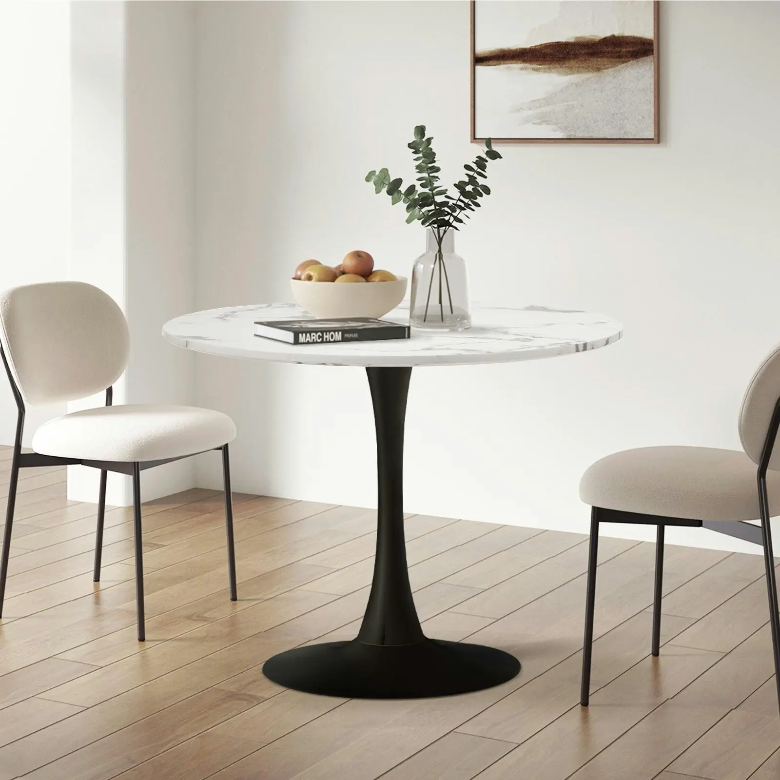 Oikiture 90cm Dining Table Kitchen Marble Tulip Round Metal Leg White&Black