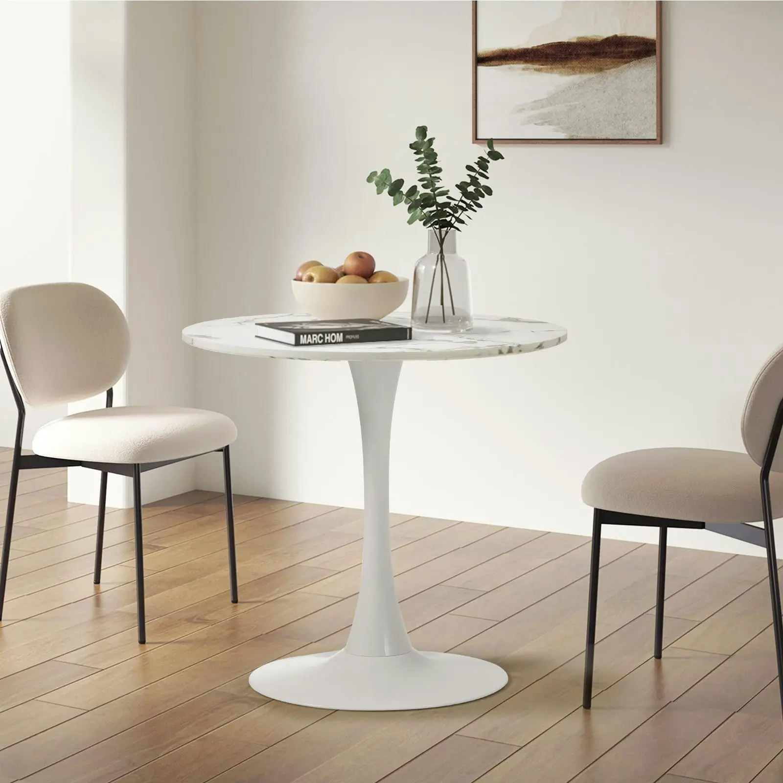 Oikiture 60cm Dining Table Kitchen Marble Tulip Round Metal Leg White