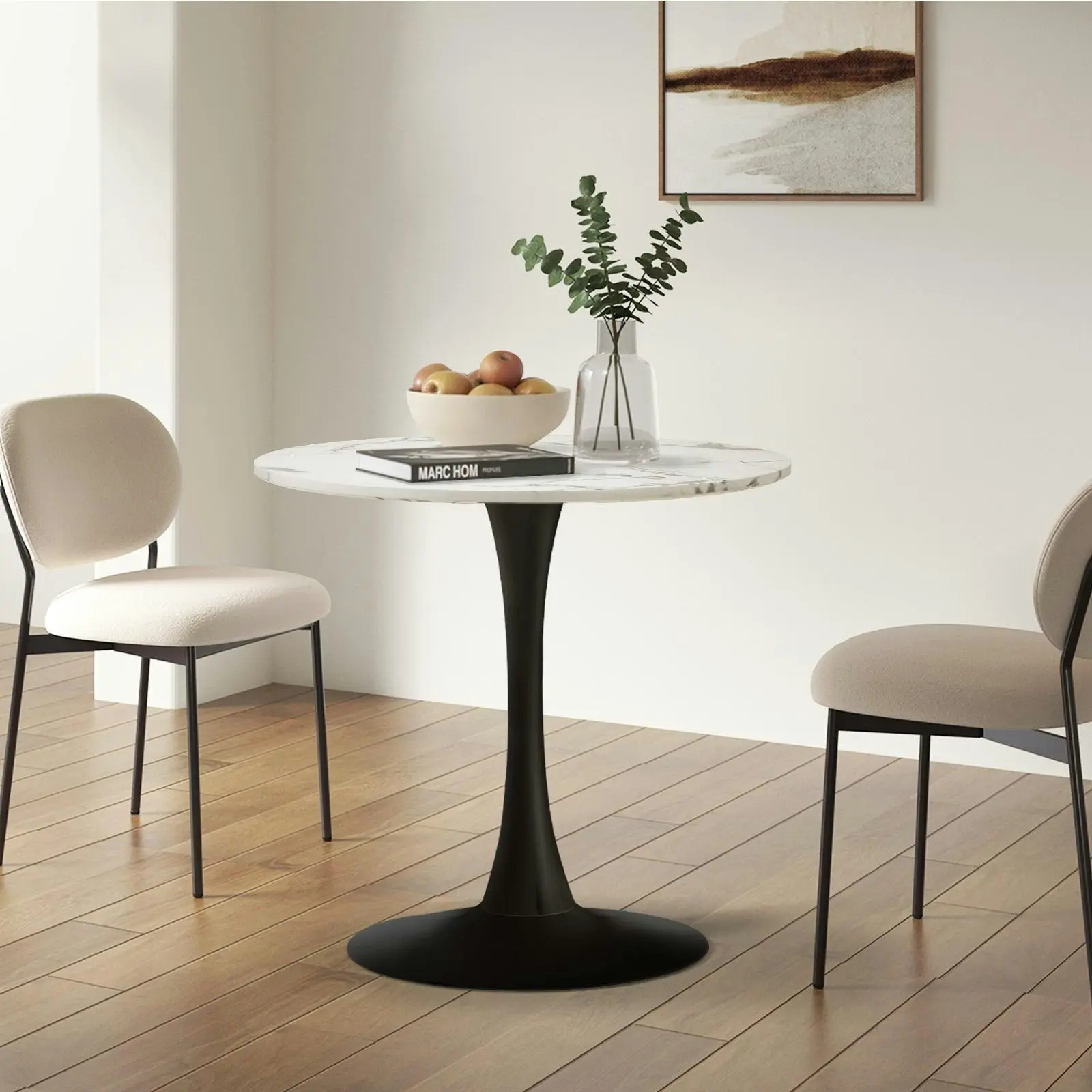 Oikiture 60cm Dining Table Kitchen Marble Tulip Round Metal Leg White&Black