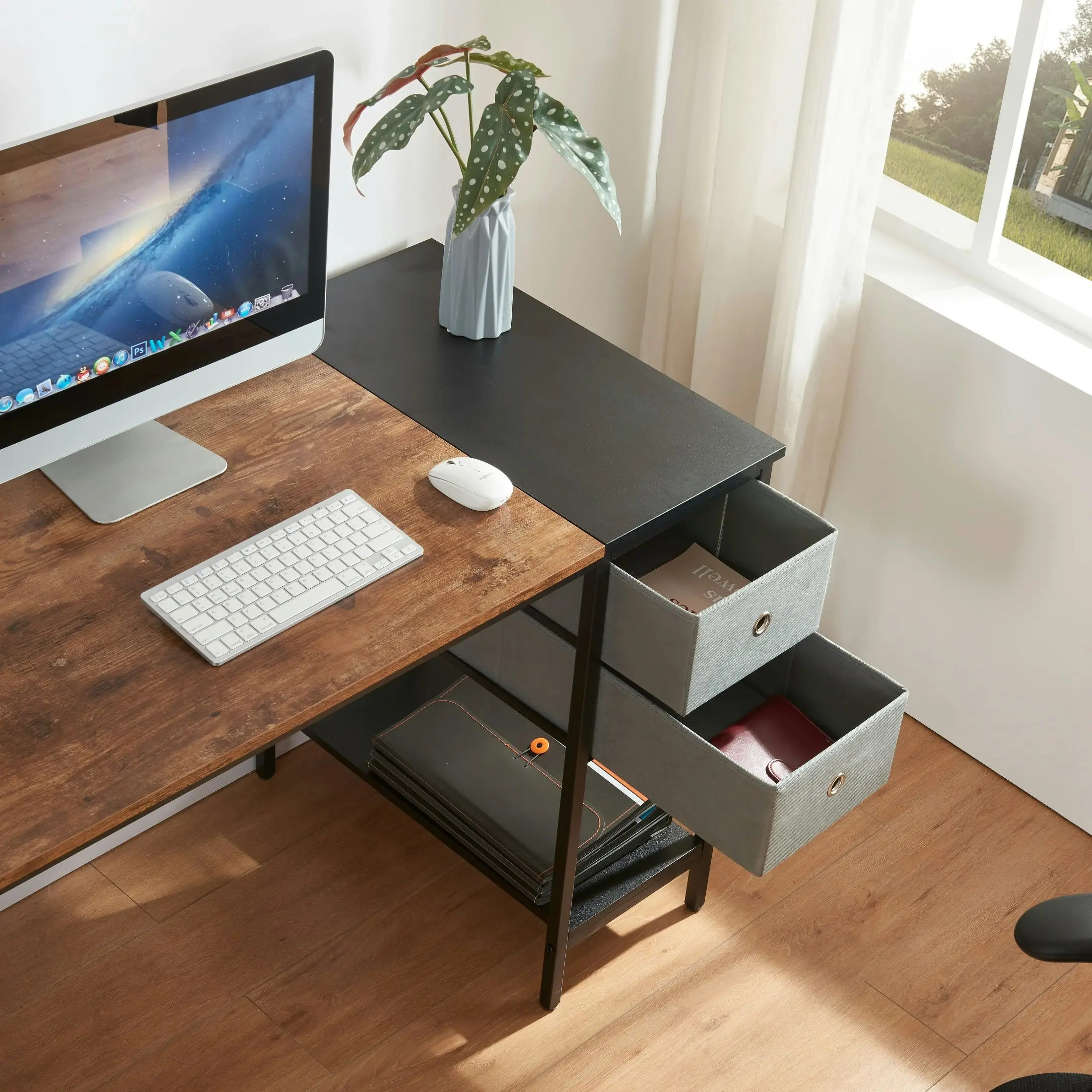 HLIVING Computer Desk with Drawer, Study Desk with 2 Tiers Storage Shelf Headphone Hook,Brown