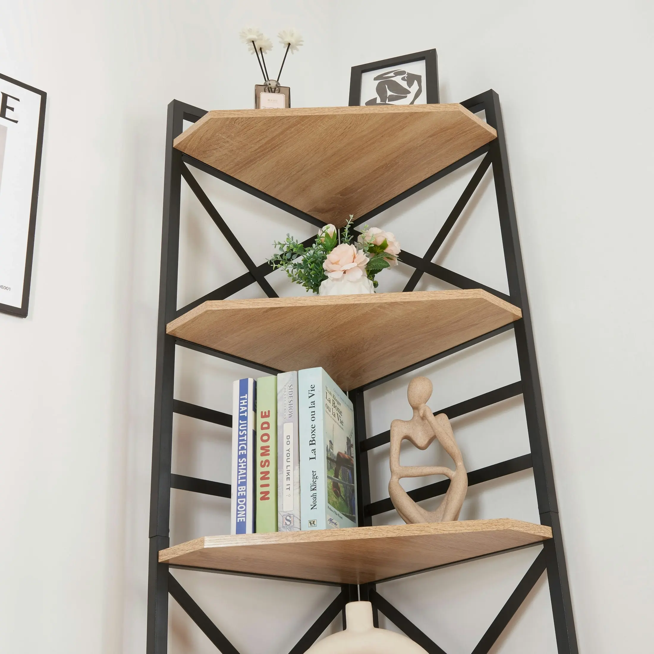 HLIVING Corner Shelf 6-Tier with Storage,Corner Bookshelf Stand Storage Rack Plant Stand，Oak Colour