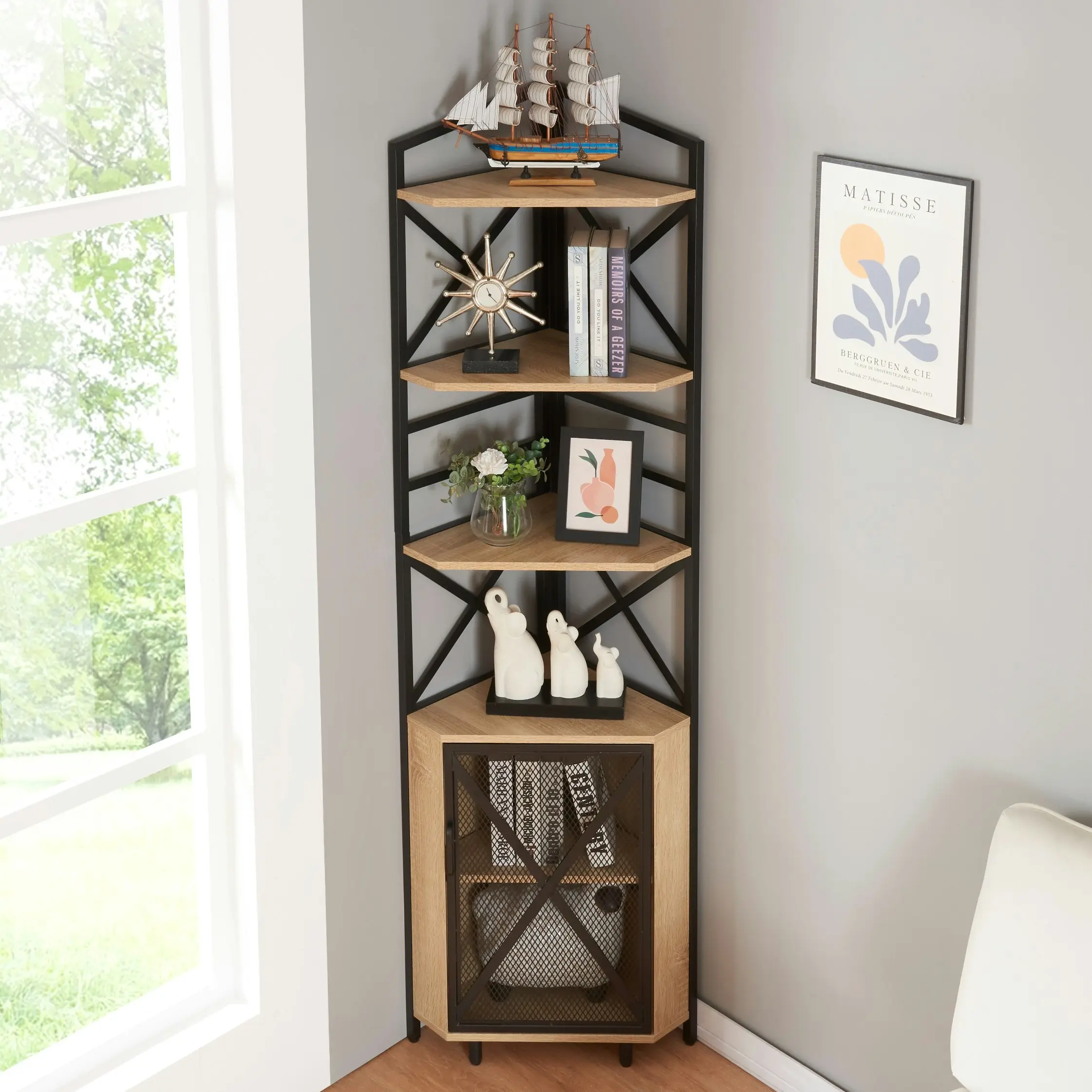 HLIVING Corner Shelf 6-Tier with Storage,Corner Bookshelf Stand Storage Rack Plant Stand，Oak Colour