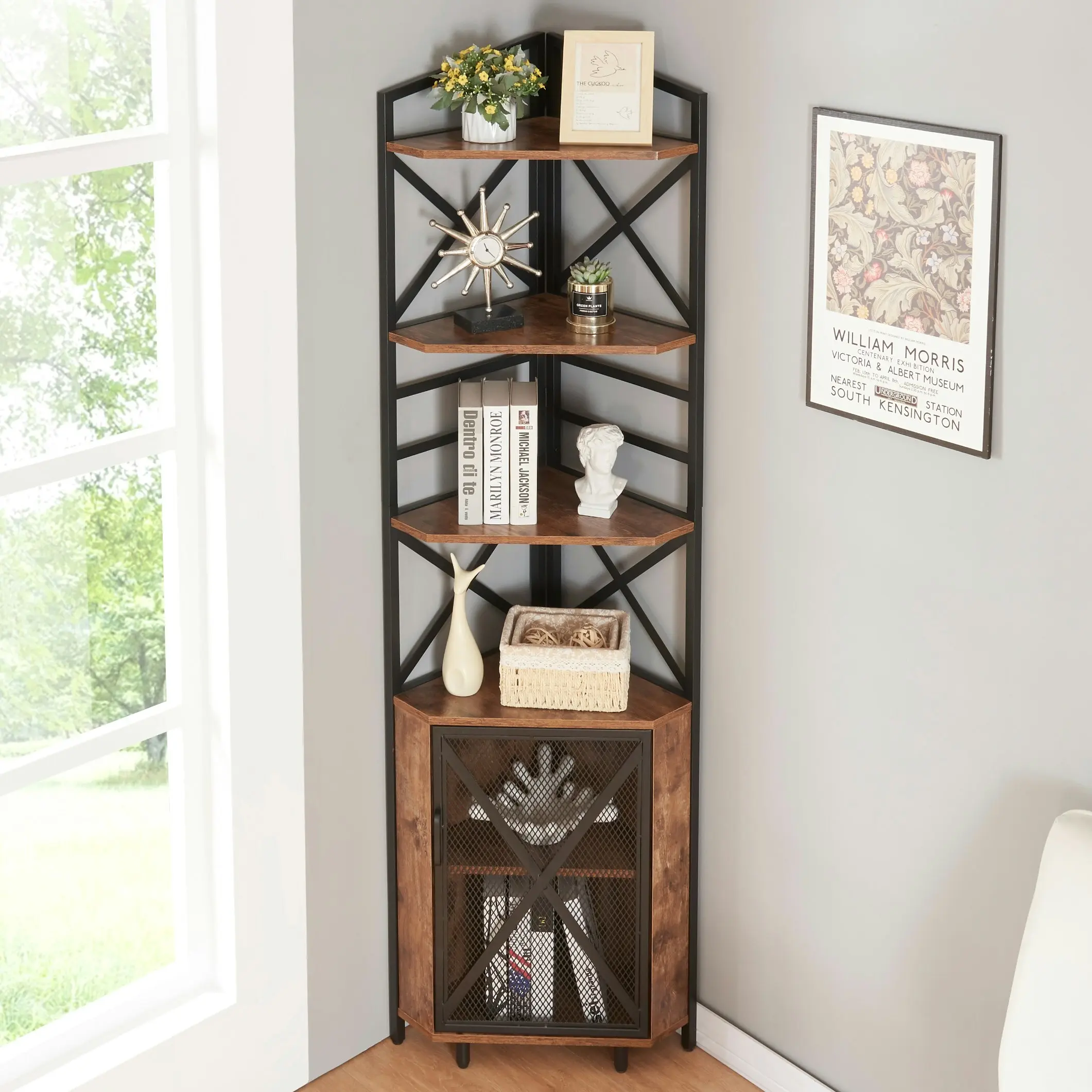 HLIVING Corner Shelf 6-Tier with Storage,Corner Bookshelf Stand Storage Rack Plant Stand，Rustic Brown