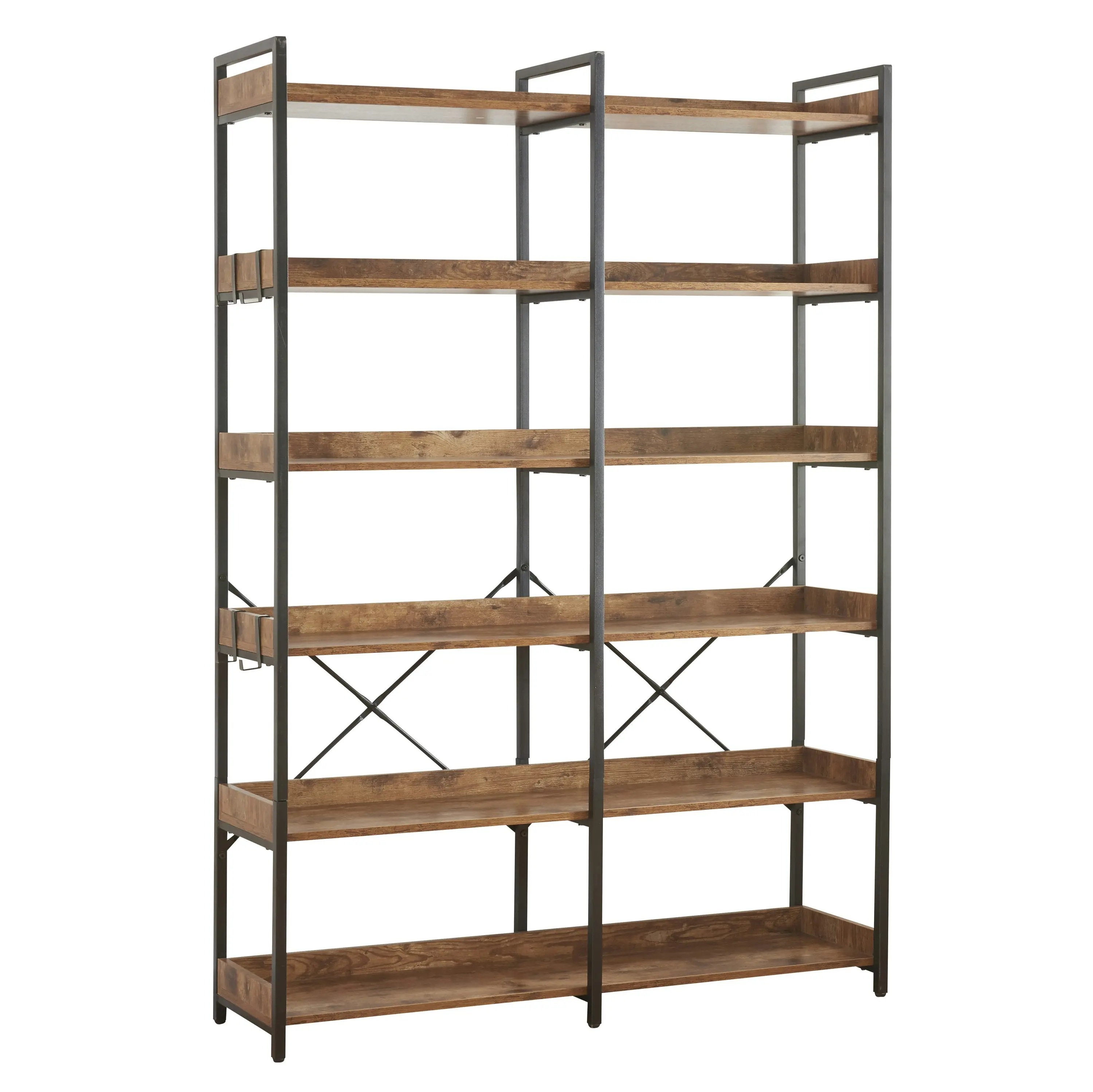 HLIVING 6 Tier Bookshelf with 4 Hooks, Industrial Wooden Bookcase and Shelf,Rustic Brown