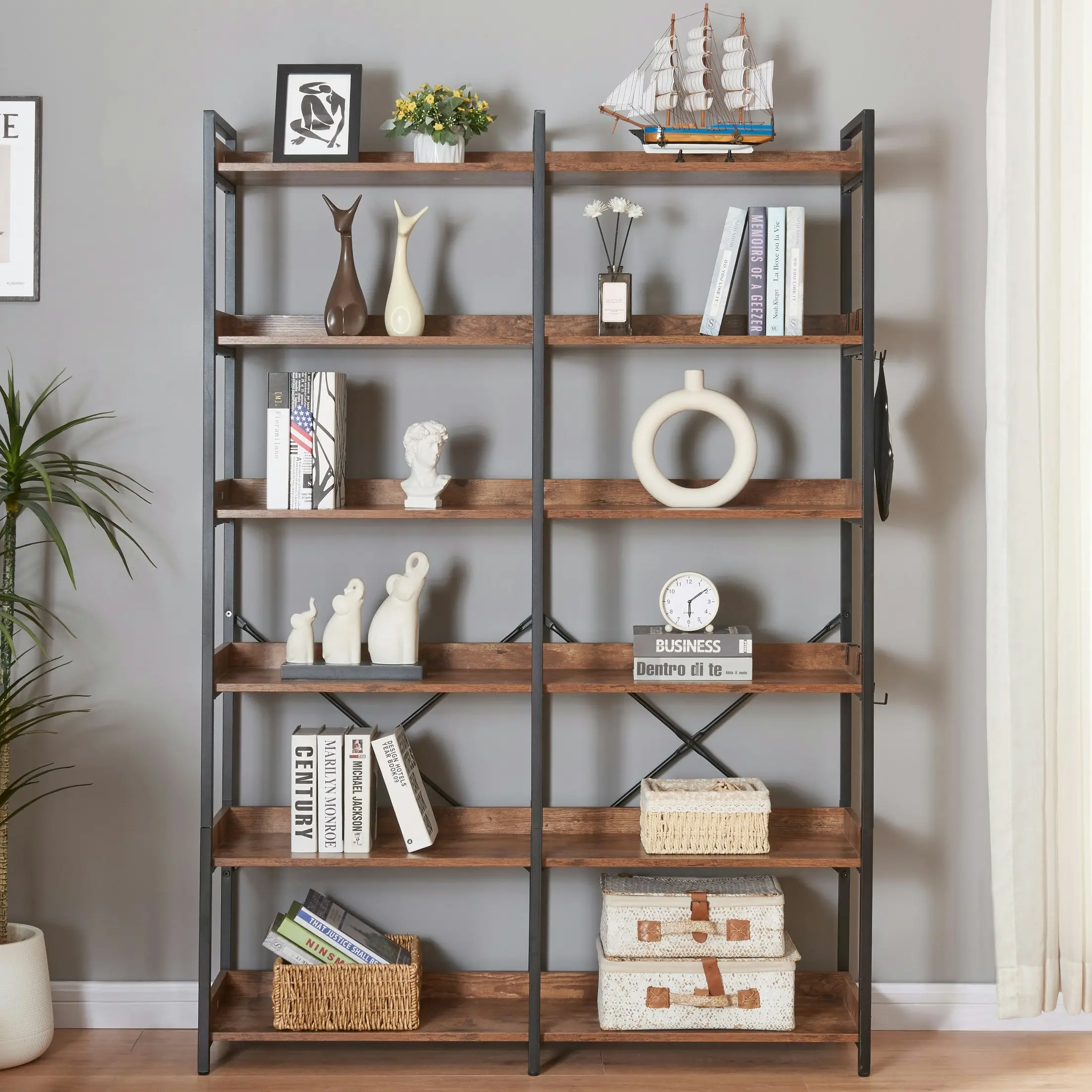 HLIVING 6 Tier Bookshelf with 4 Hooks, Industrial Wooden Bookcase and Shelf,Rustic Brown