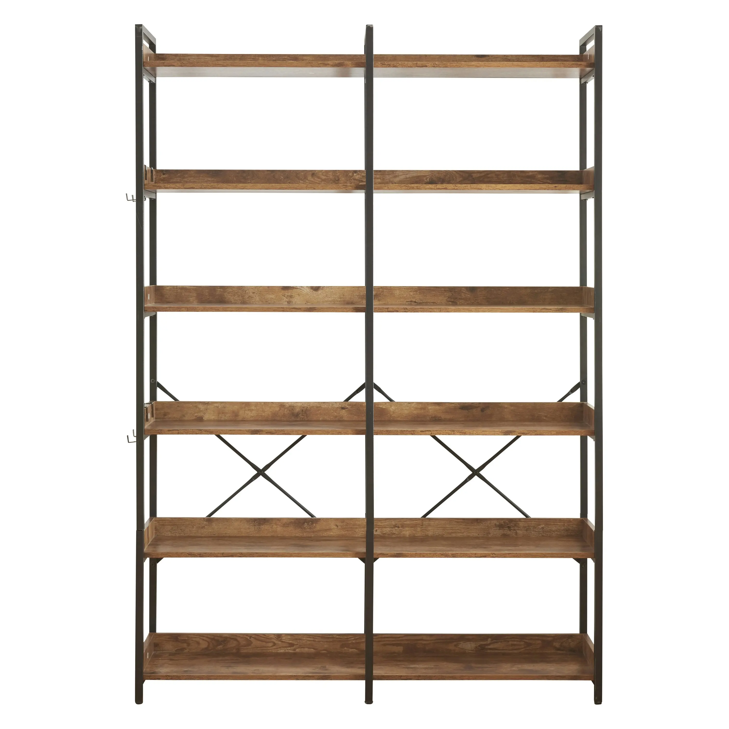 HLIVING 6 Tier Bookshelf with 4 Hooks, Industrial Wooden Bookcase and Shelf,Rustic Brown