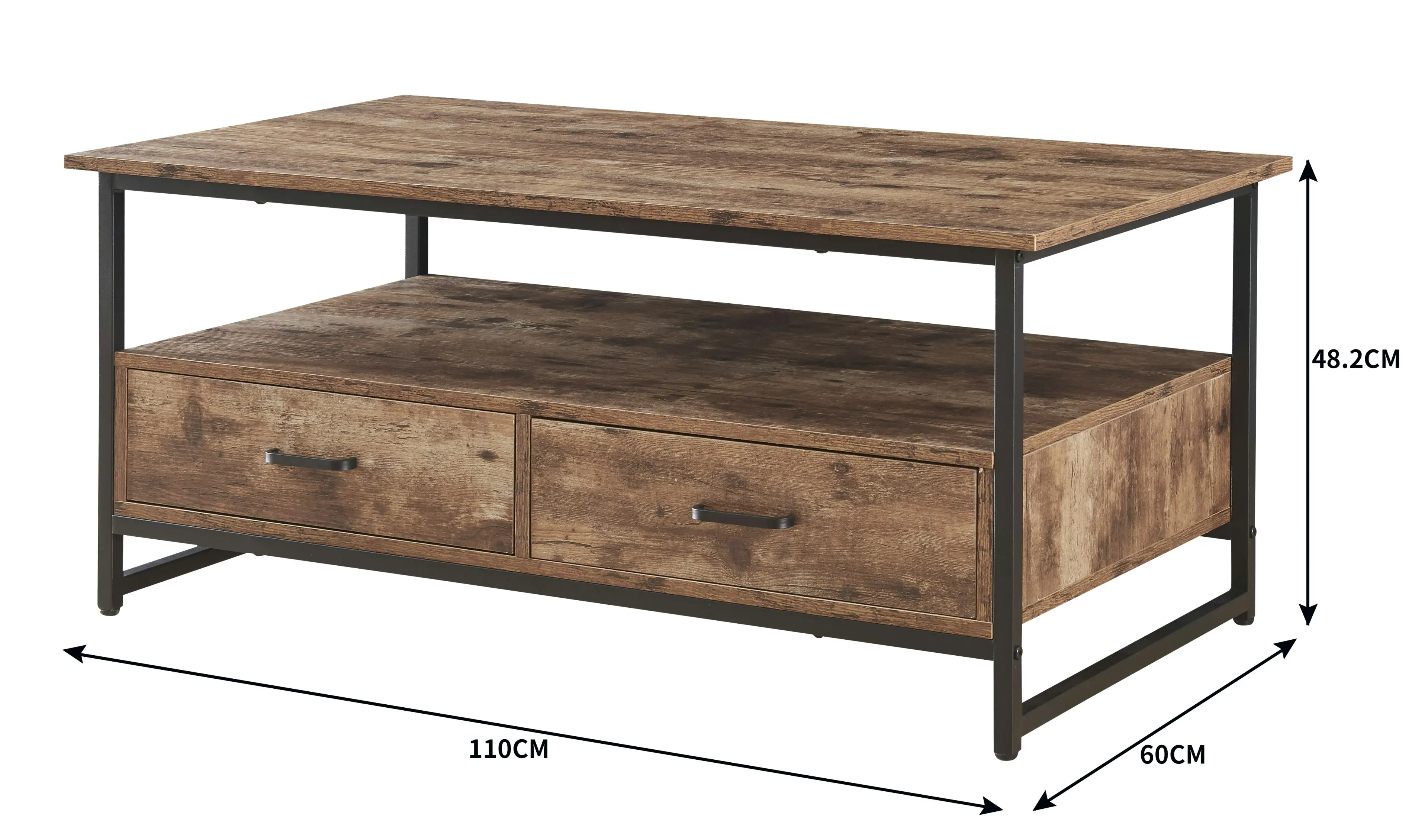 HLIVING Rectangular Farmhouse Coffee Table with Open Storage Shelves and 2 Drawers,Rustic Brown