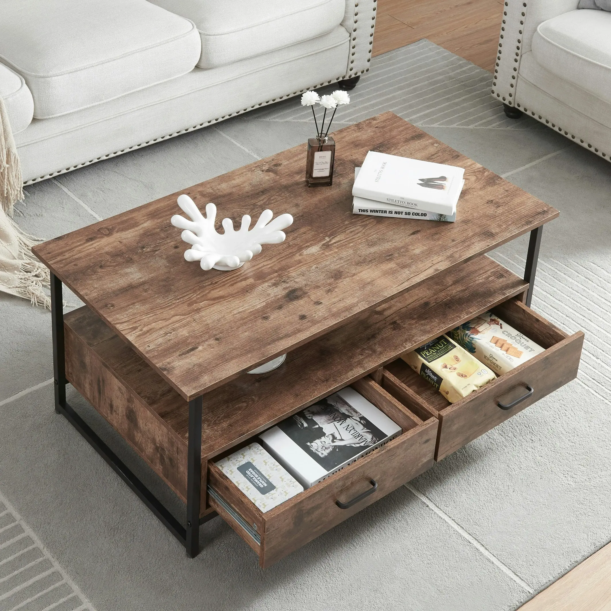 HLIVING Rectangular Farmhouse Coffee Table with Open Storage Shelves and 2 Drawers,Rustic Brown