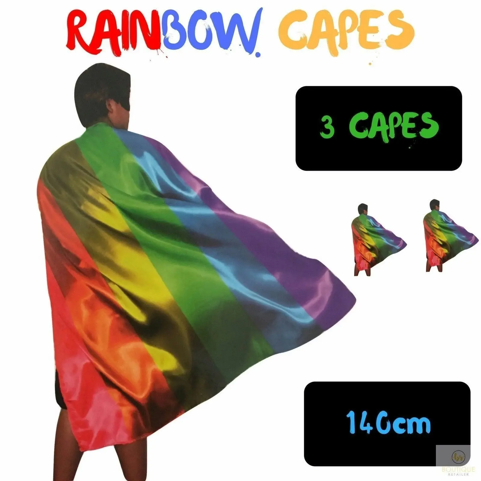 3x 140cm DELUXE RAINBOW CAPE Party Fancy Dress Costume Mardi Gras Pride BULK