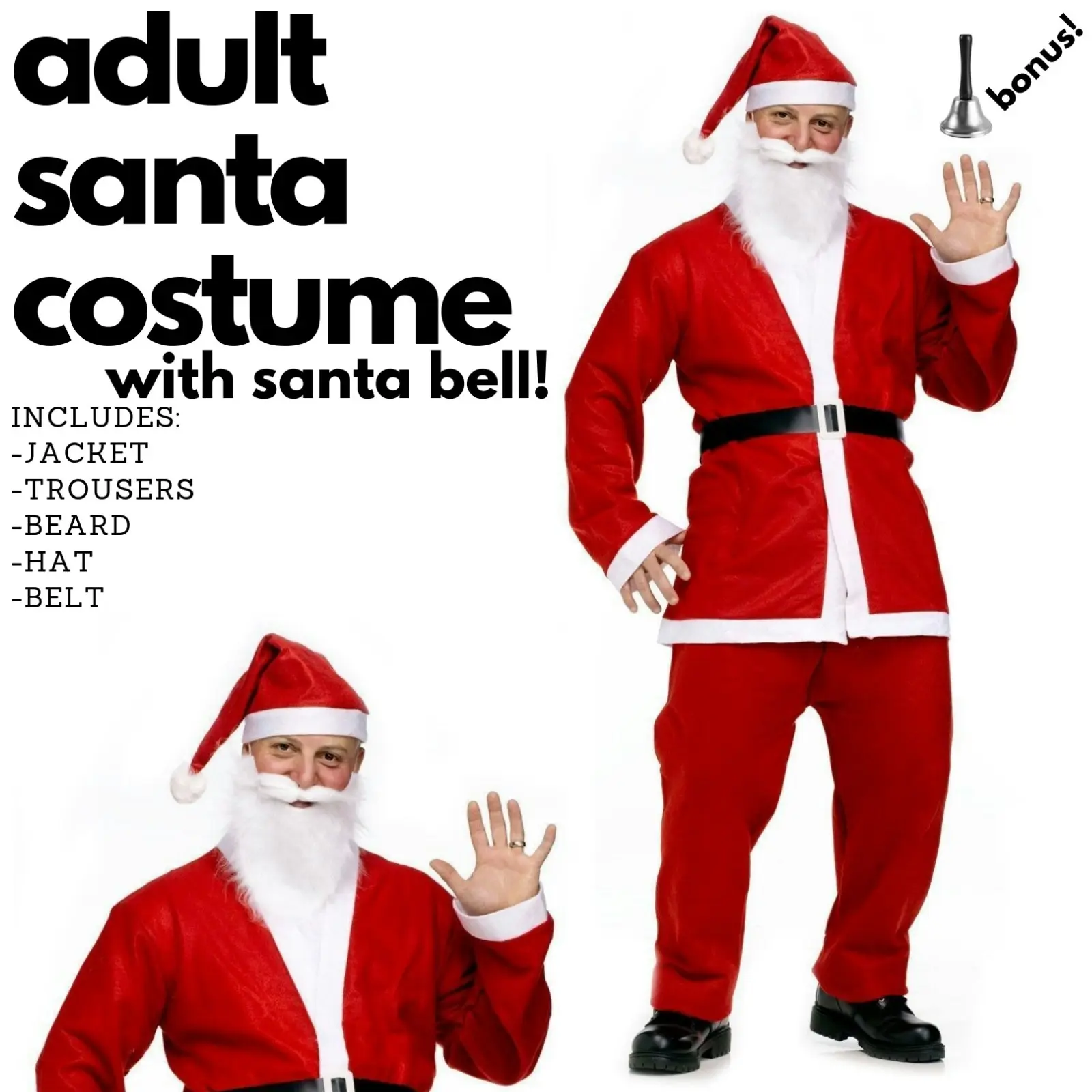 ADULT SANTA CLAUS COSTUME w Bell Suit Father Xmas Party Father Christmas