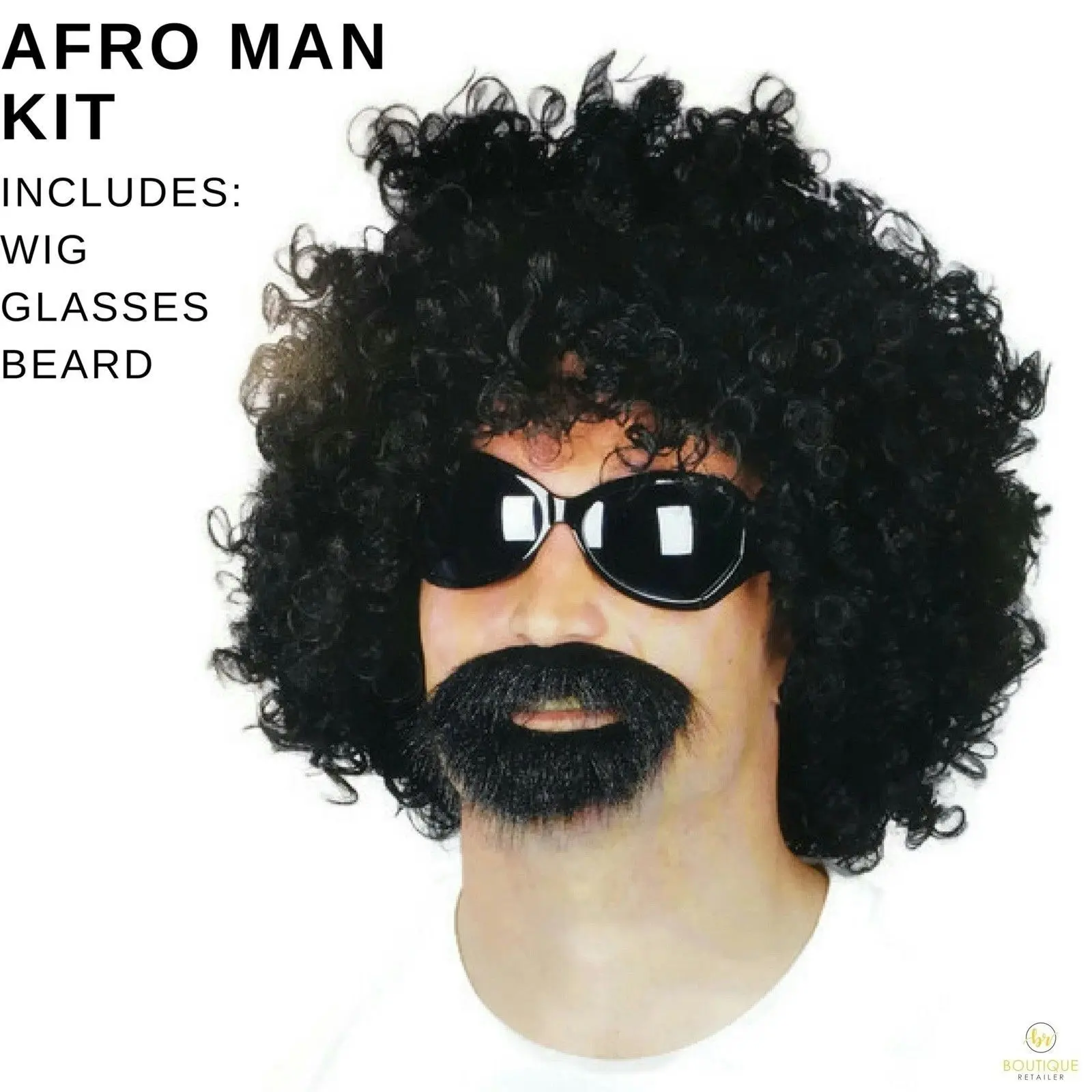 Deluxe AFRO MAN KIT Wig Glasses Beard Costume Party Funky 70s