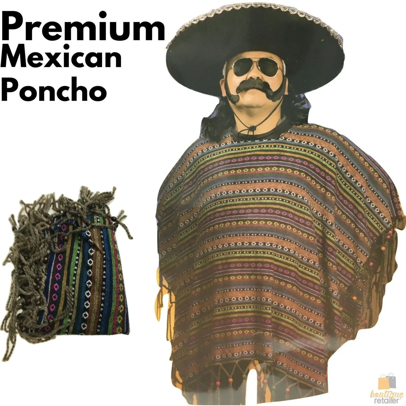 PREMIUM MEXICAN PONCHO Spanish Costume Wild West Cowboy Party Bandit  2180