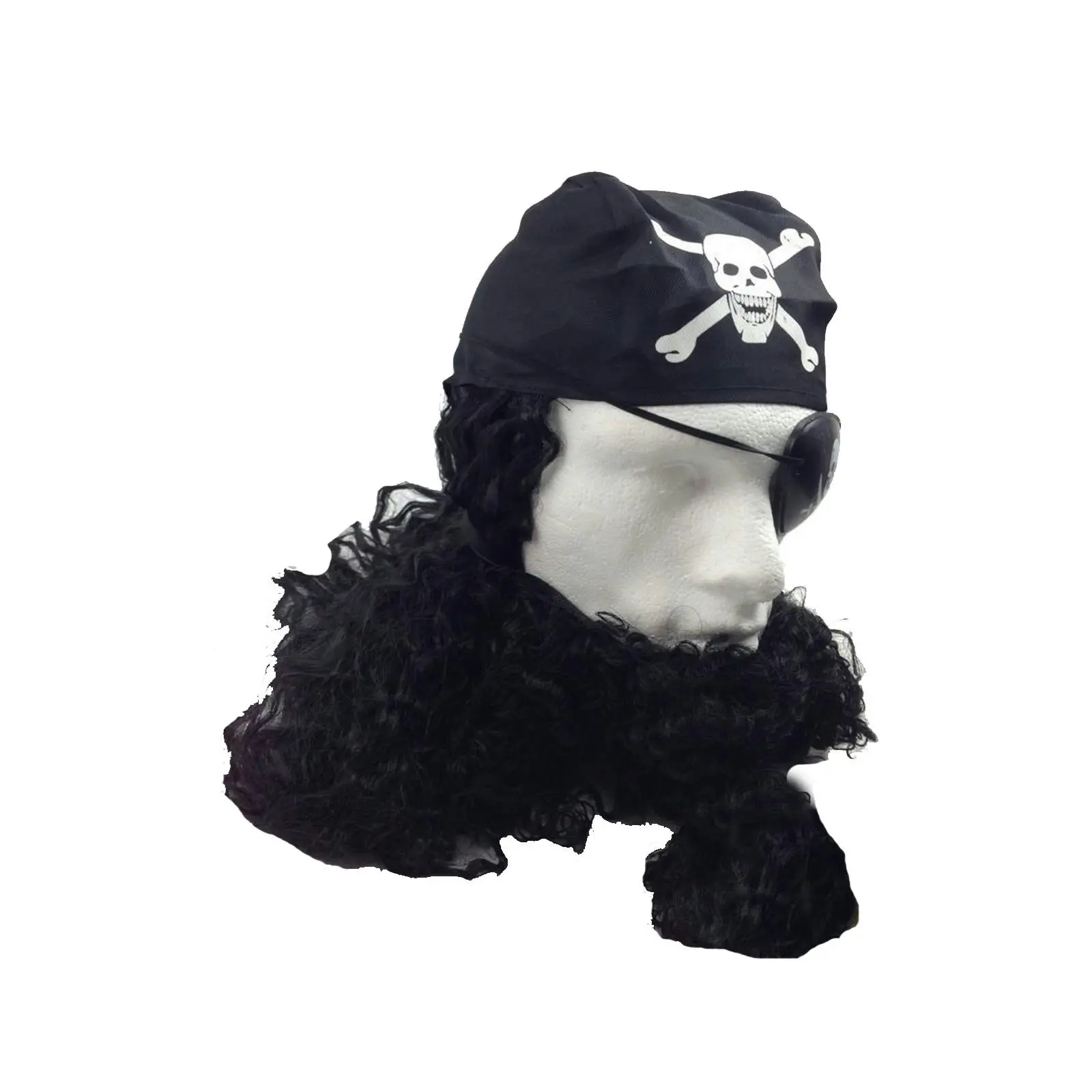 PIRATE WIG Costume Fancy Dress Caribbean with Bandana & Beard Party Eye Patch