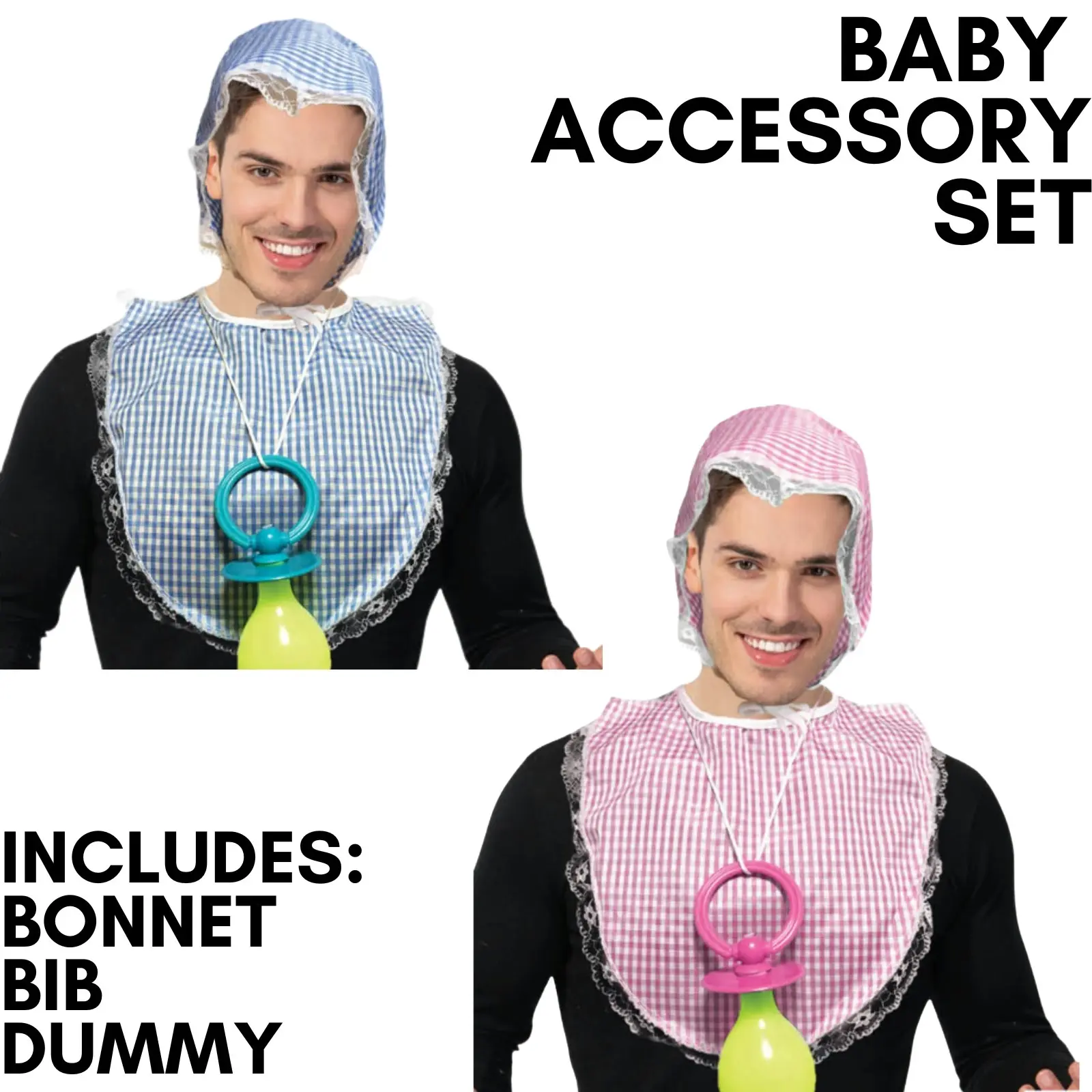 ADULT BABY COSTUME Big Giant Dummy & Bib Set Kit Fancy Dress Bonnet Halloween