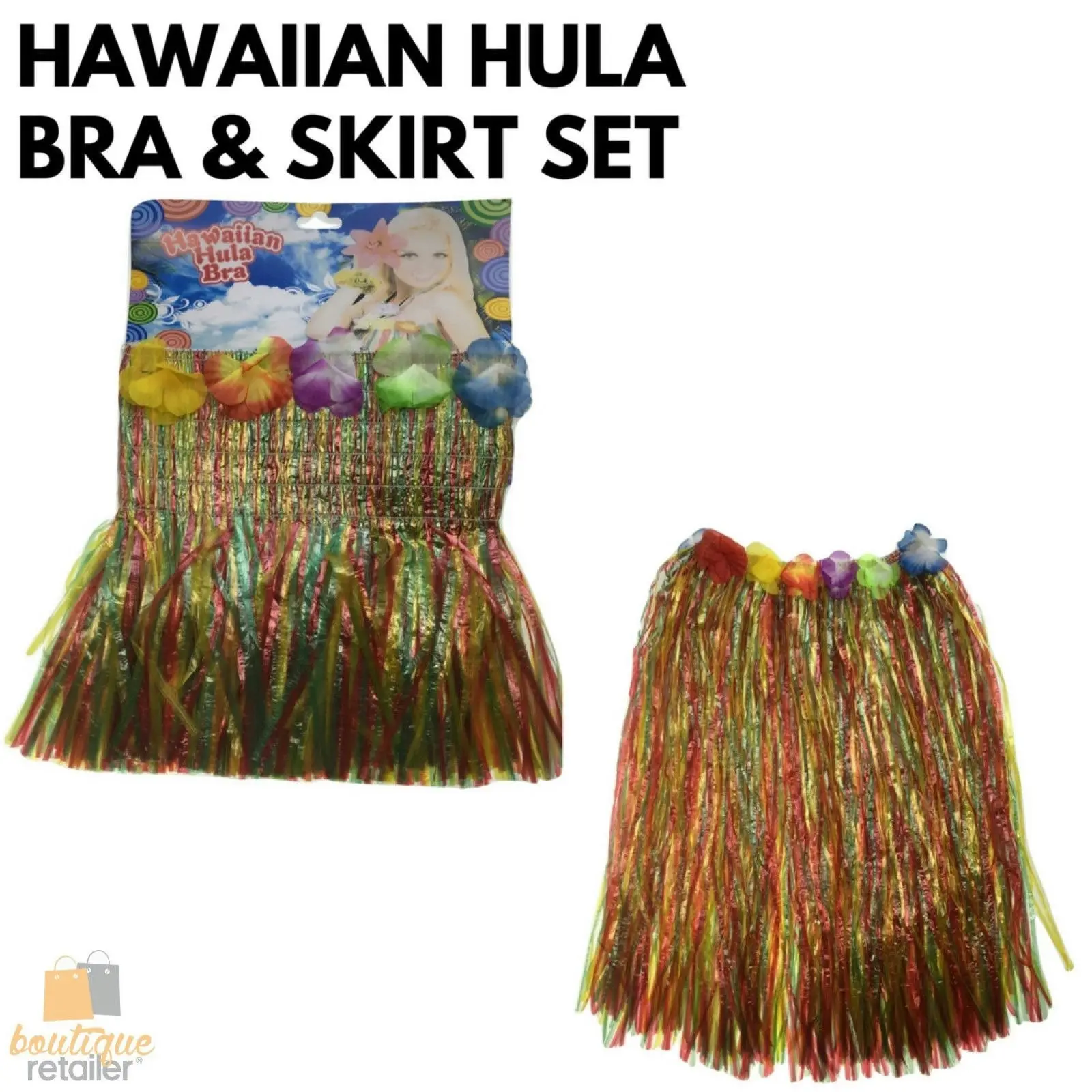 HAWAIIAN HULA BRA & SKIRT SET Tropical Costume Dress Lei Grass Flower Party