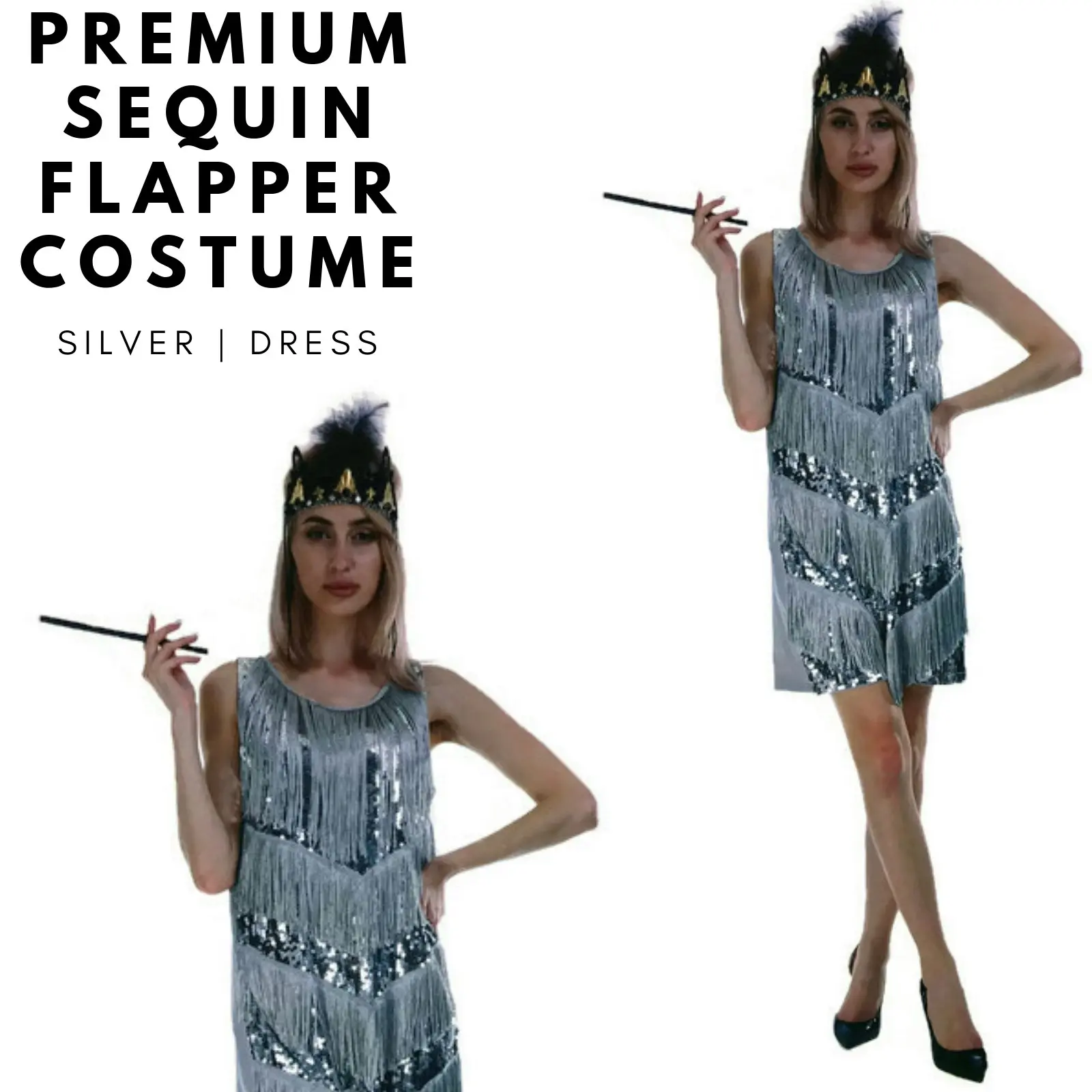 Charleston Sequin Flapper Fringe Costume Tassel Party Fancy Dress 20s 30s - Silver