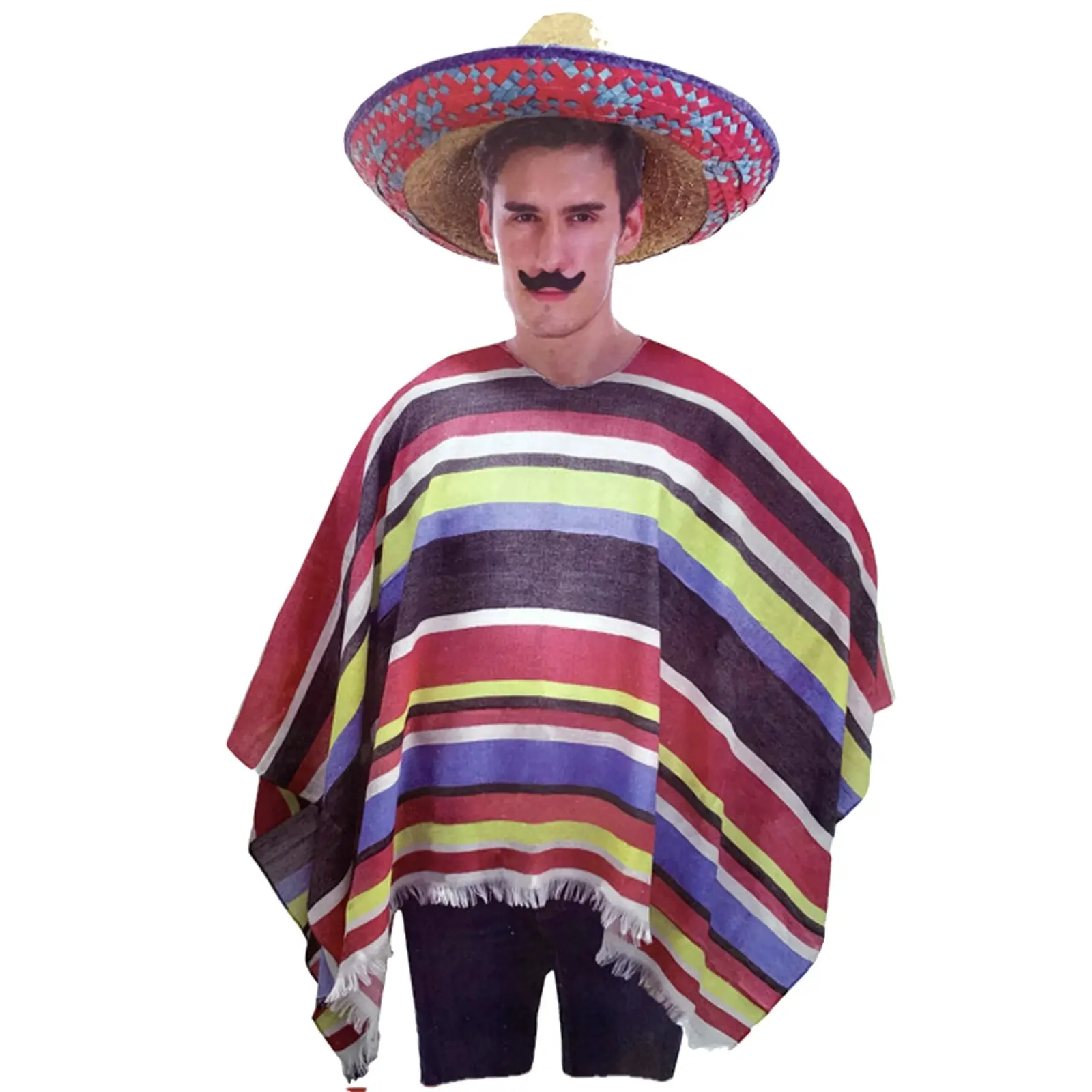 3pc Set Mens Mexican Poncho + Sombrero + Moustache Spanish Cowboy Costume Party