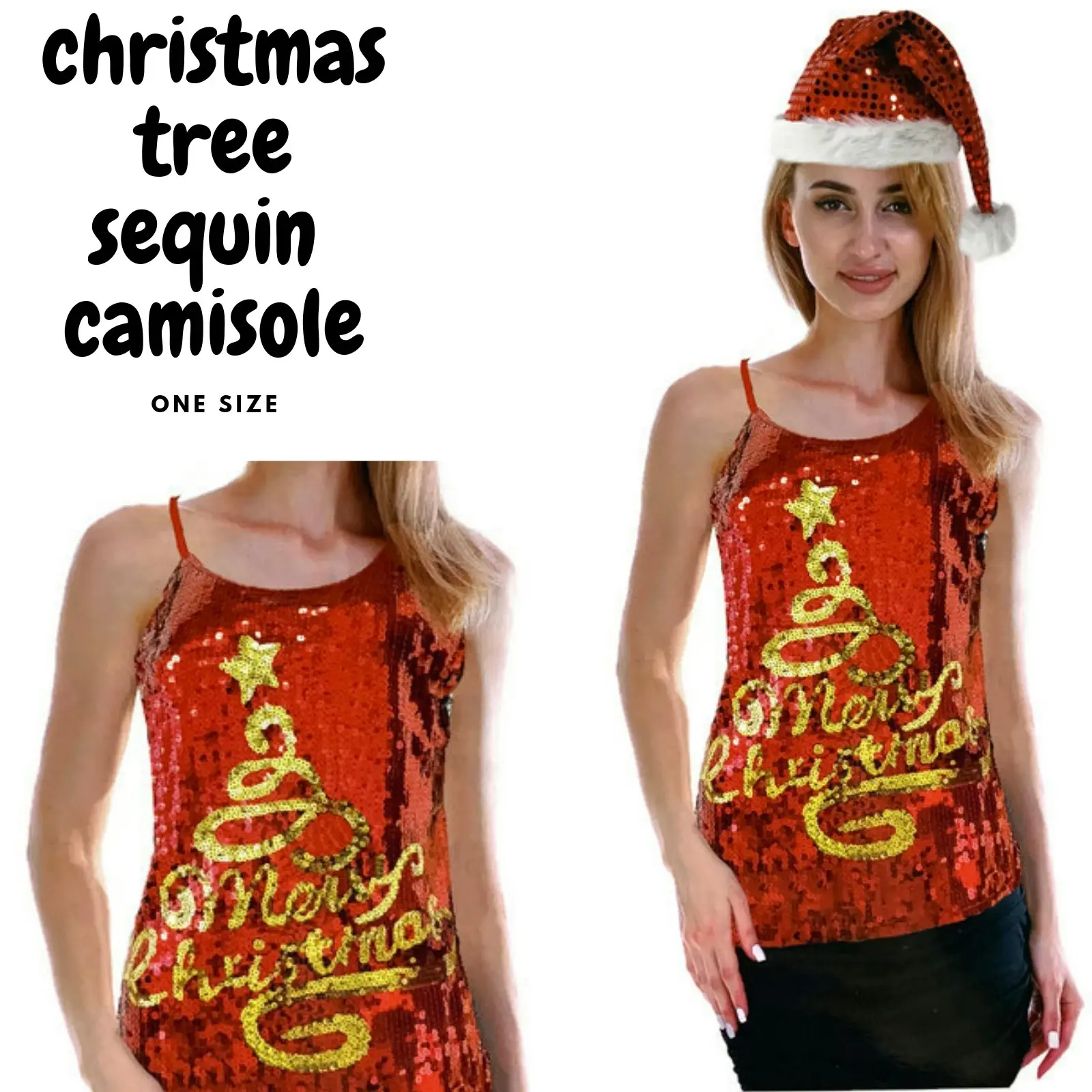 Womens Merry Christmas Tree Sequin Singlet Camisole Cami Costume Xmas Party