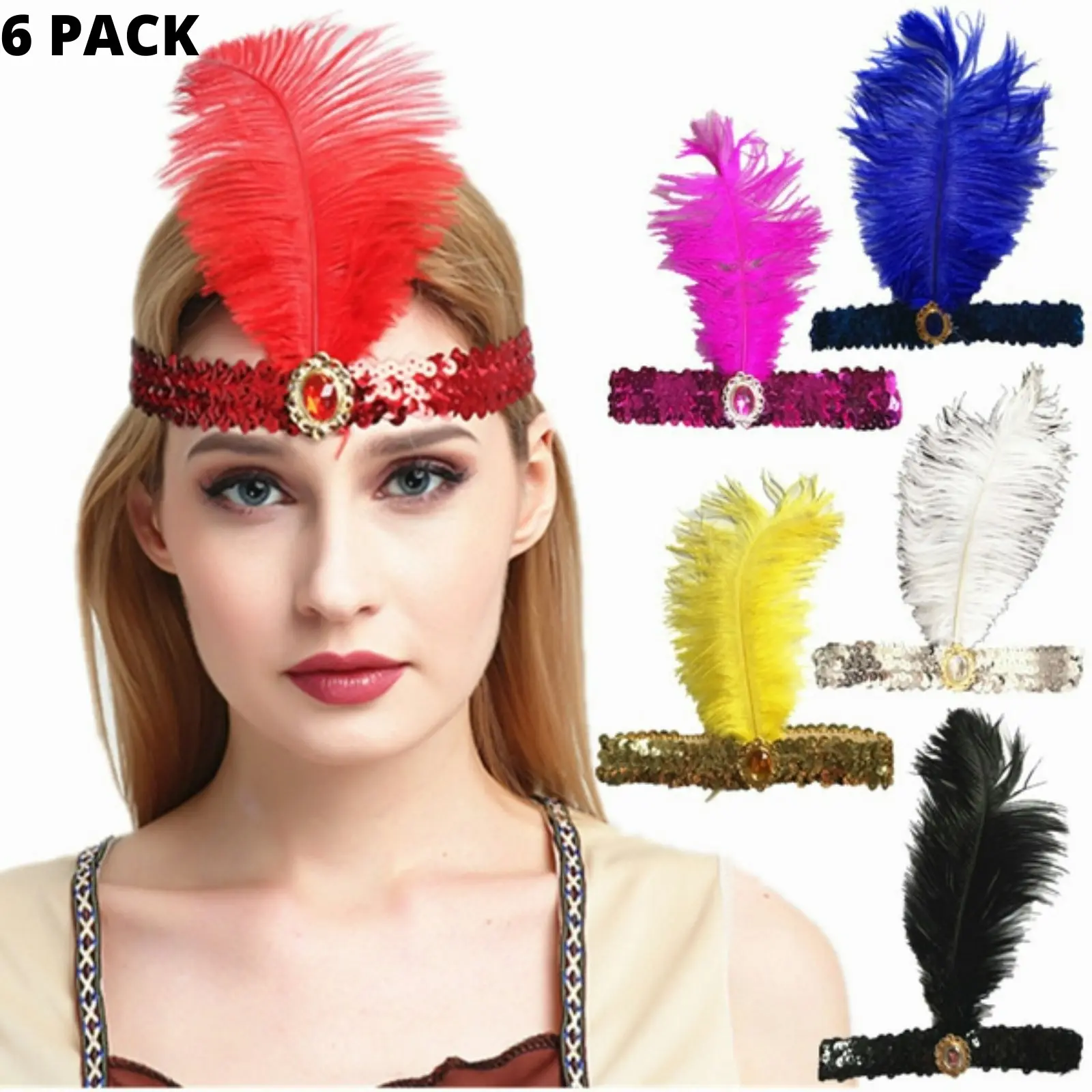 6x 1920s FLAPPER HEADBAND Headpiece Feather Sequin Charleston Costume Party BULK