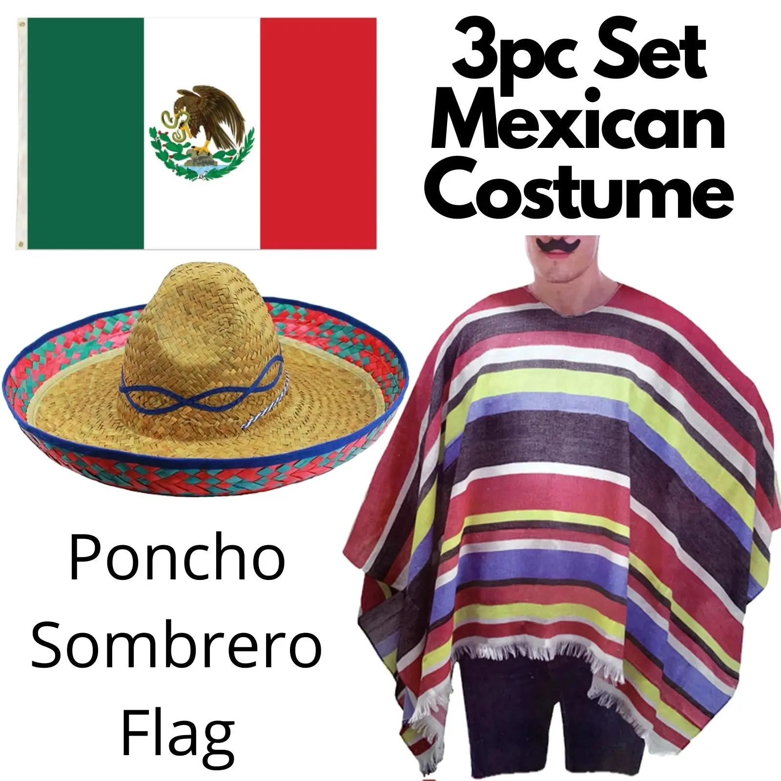 3pc Set Mexican Flag + Poncho + Sombrero Set Costume Wild West Cowboy Party