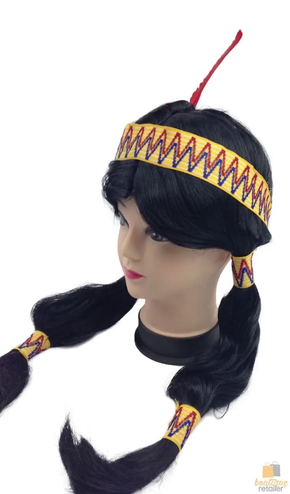 Womens Native American Wig w/ Red Feather Pigtail Indian Party Costume Hair