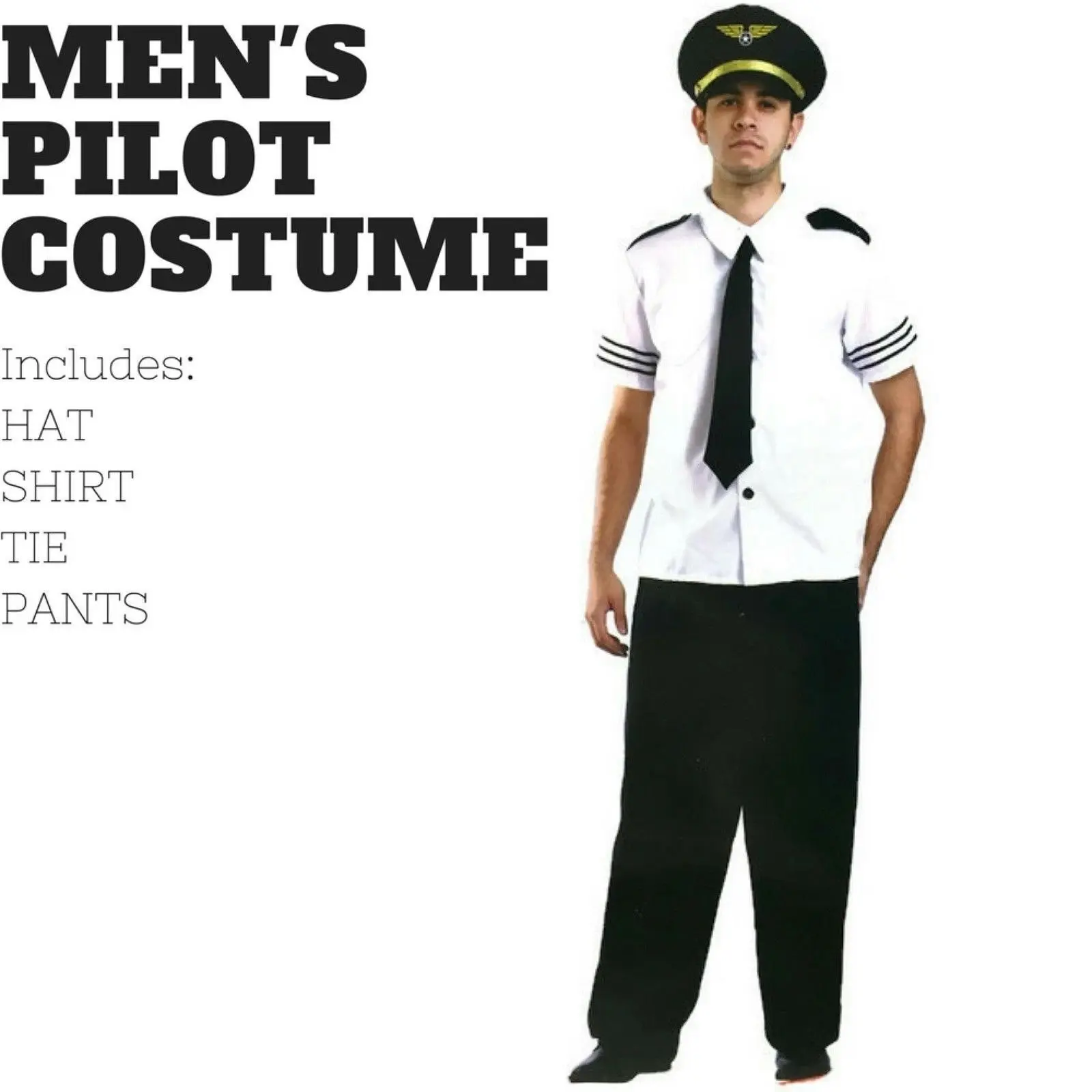 Mens PILOT COSTUME Airline Captain Party Fancy Dress Halloween  Adults