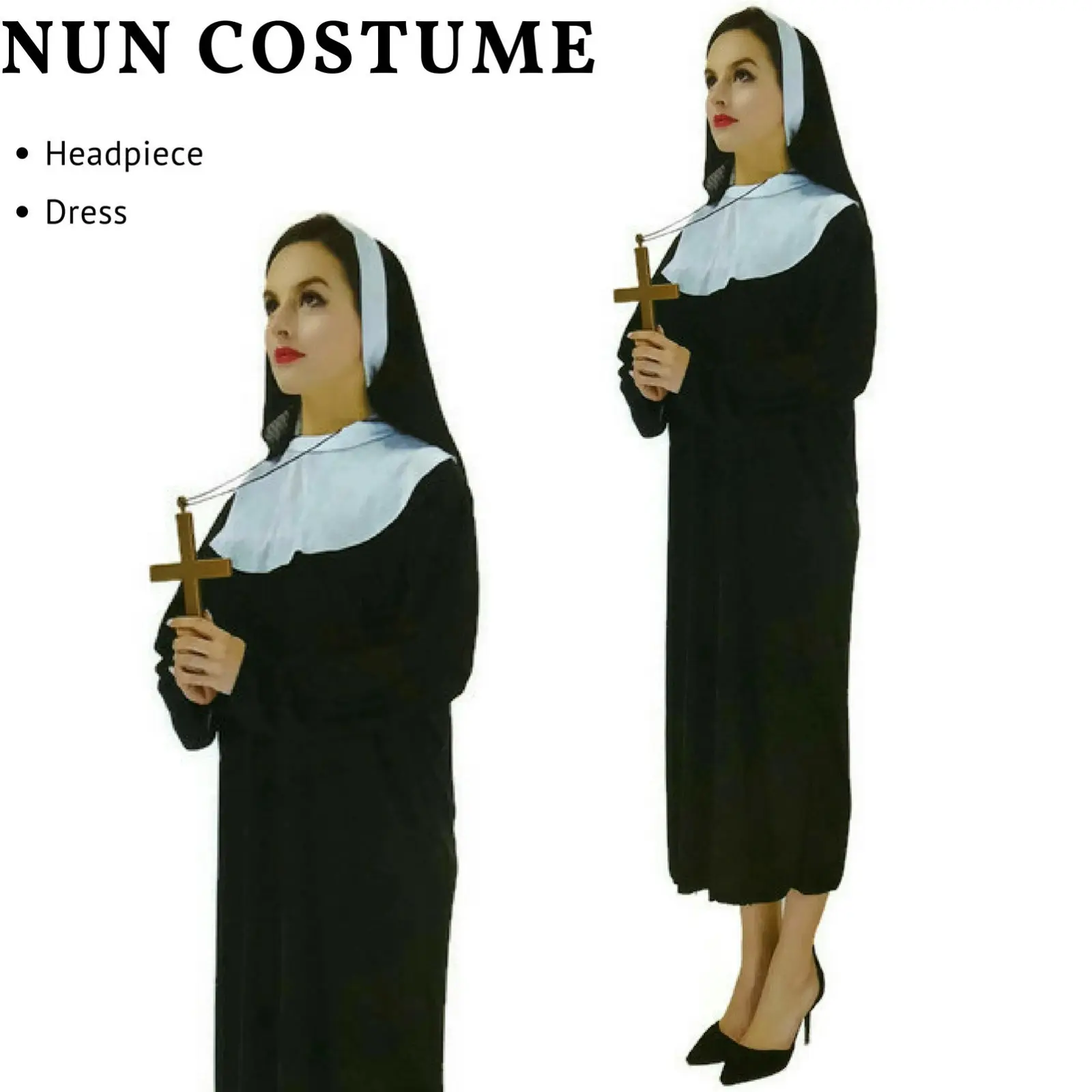 Nun Costume Adult Dress Halloween Fancy Womens Outfit Dress Religious Sister