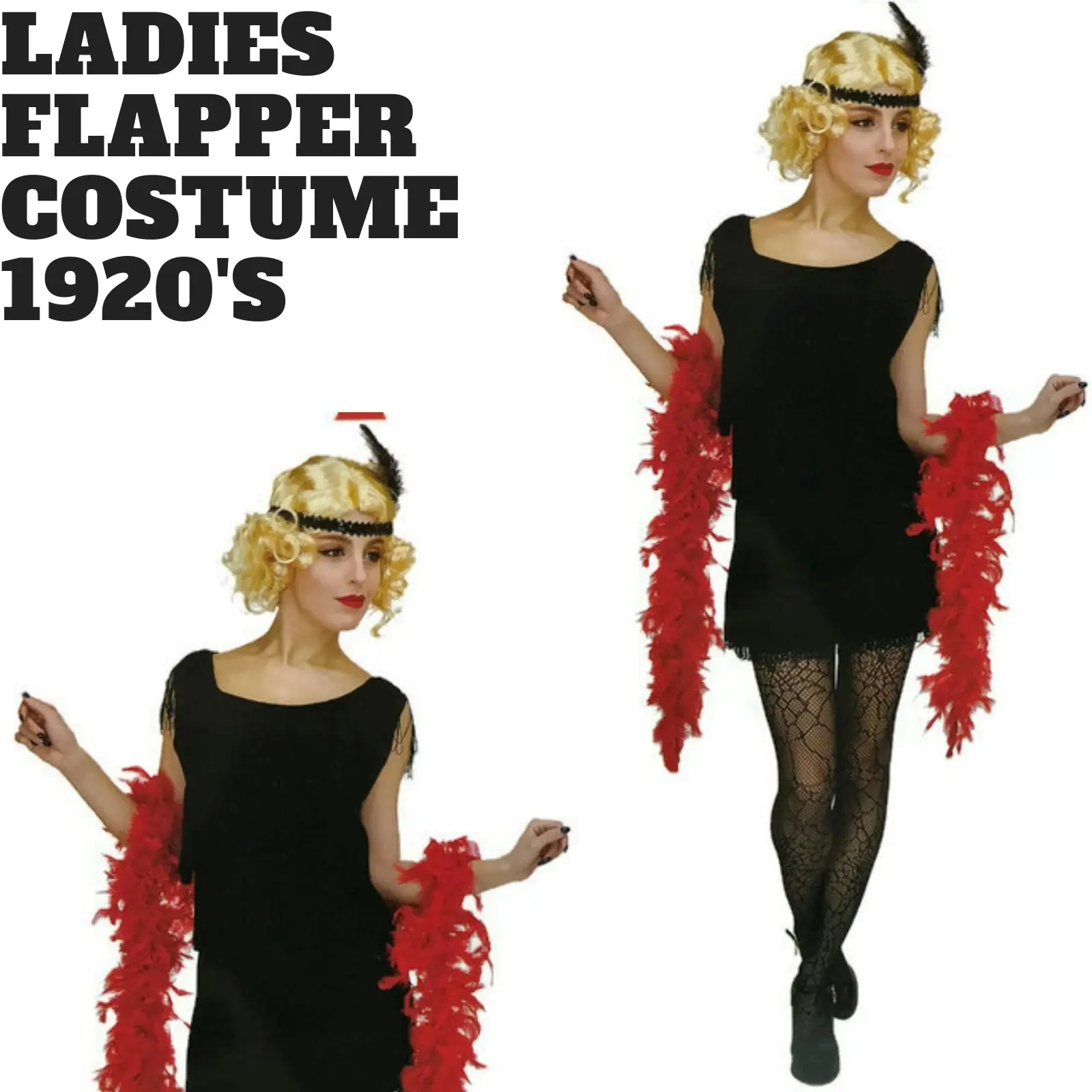 Ladies Flapper Costume Charleston Gatsby Chicago Fancy Dress Party 1920s 20s - Black