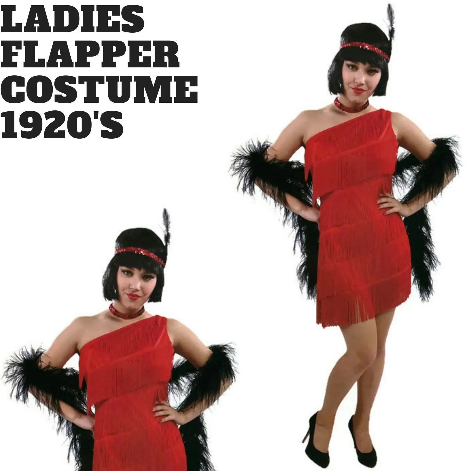 Ladies Flapper Costume Charleston Gatsby Chicago Fancy Dress Party 1920s 20s - Red