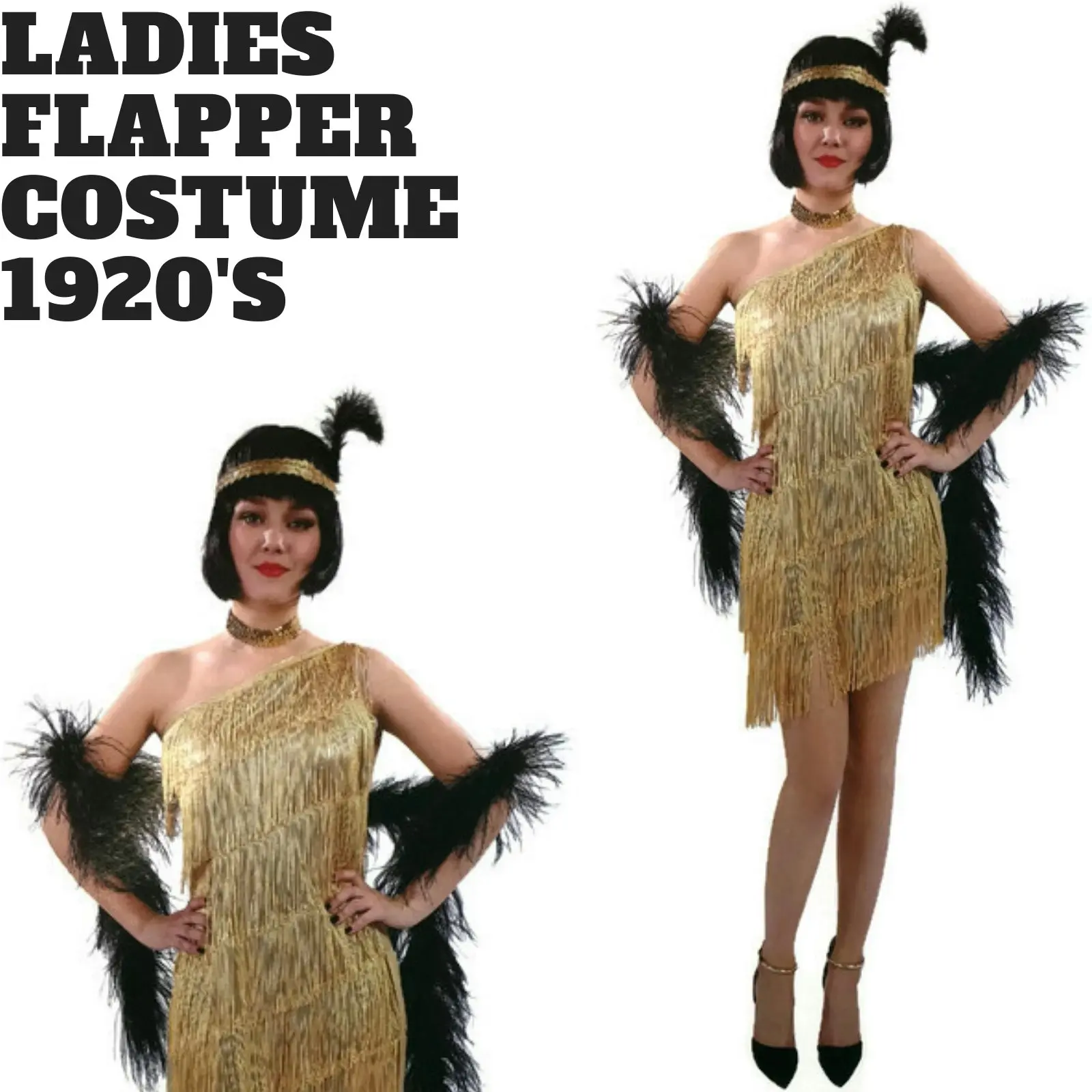 Ladies Flapper Costume Charleston Gatsby Chicago Fancy Dress Party 1920s 20s - Gold