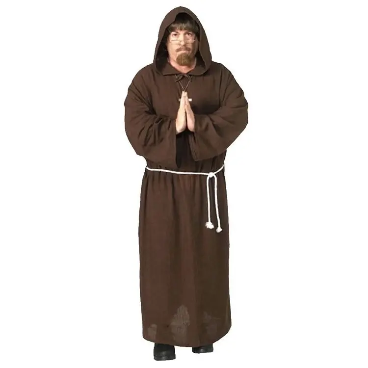 Adult Monk Medieval Costume Mens Priest Hooded Robe Friar Fancy Dress Halloween