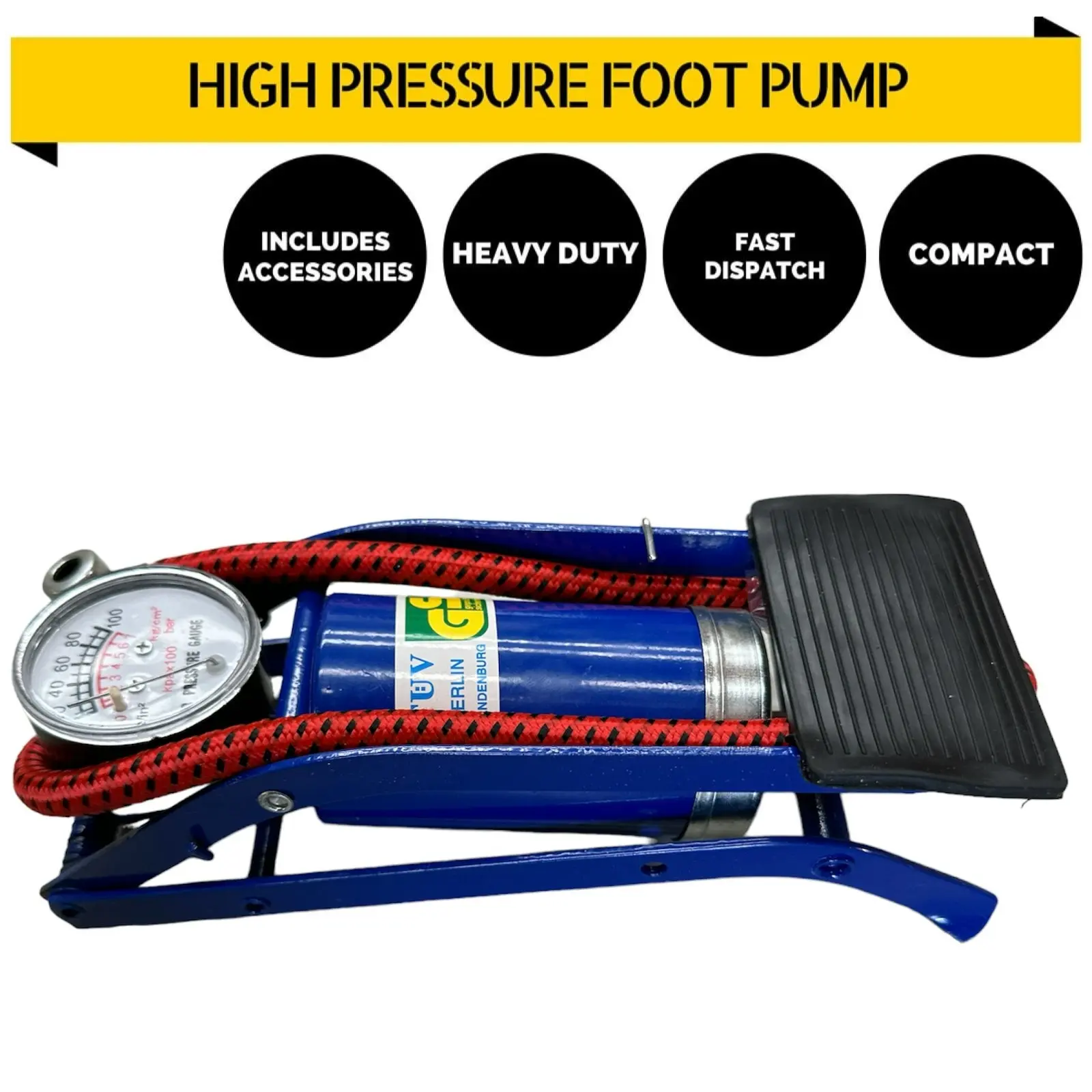 Foot Air Pump High Pressure Gauge Tyre Tire Inflator Air Bed Bike Ball