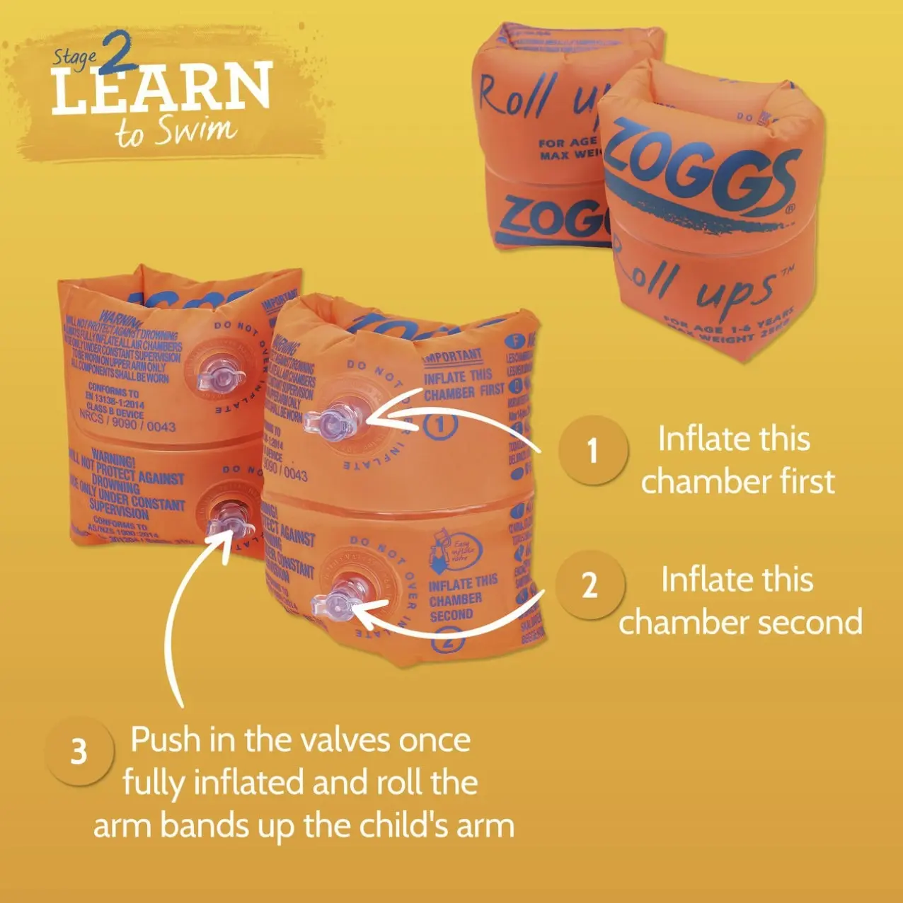 Zoggs Roll Ups Stage 2 Childrens Swimming Learn to Swim Kids Water Arm Bands Inflatable Rings