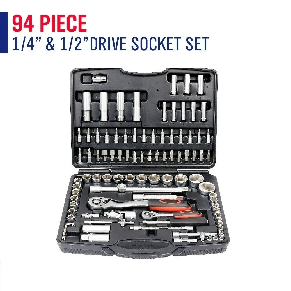 94 Piece Ratchet Socket Wrench Set Screwdriver Bits Extension Hex 1/4" 1/2"