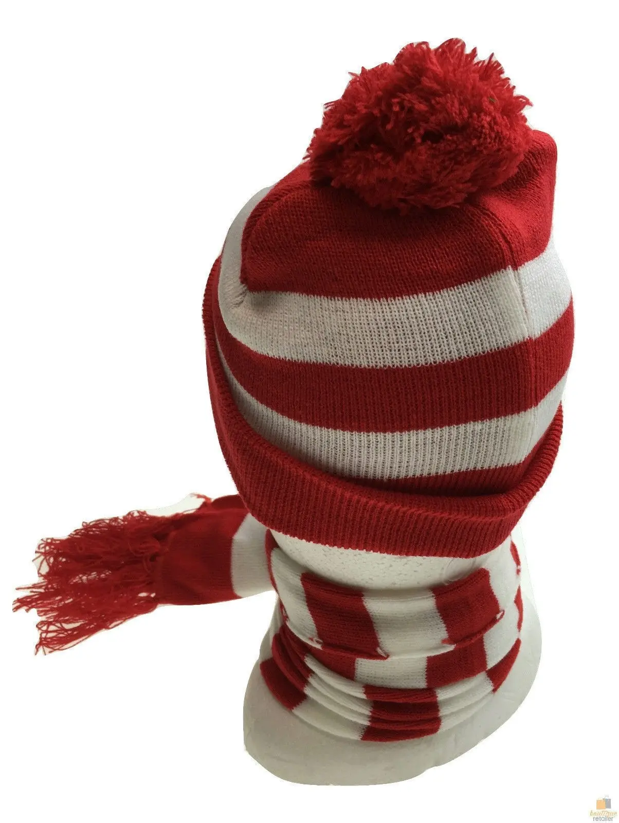 Red White Stripe BEANIE & SCARF SET Hat Where's Wally Waldo Costume Ski Winter Cap