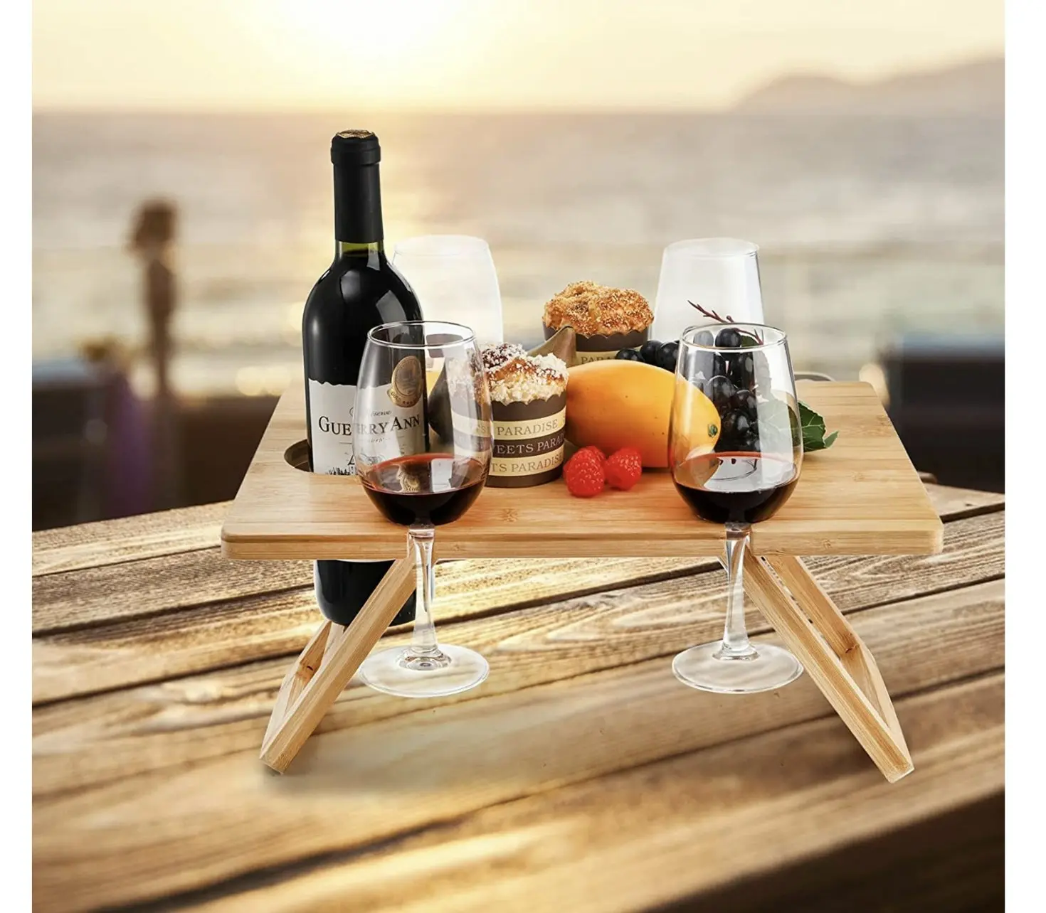 Bamboo Folding Picnic Table, Wine and Snack Table