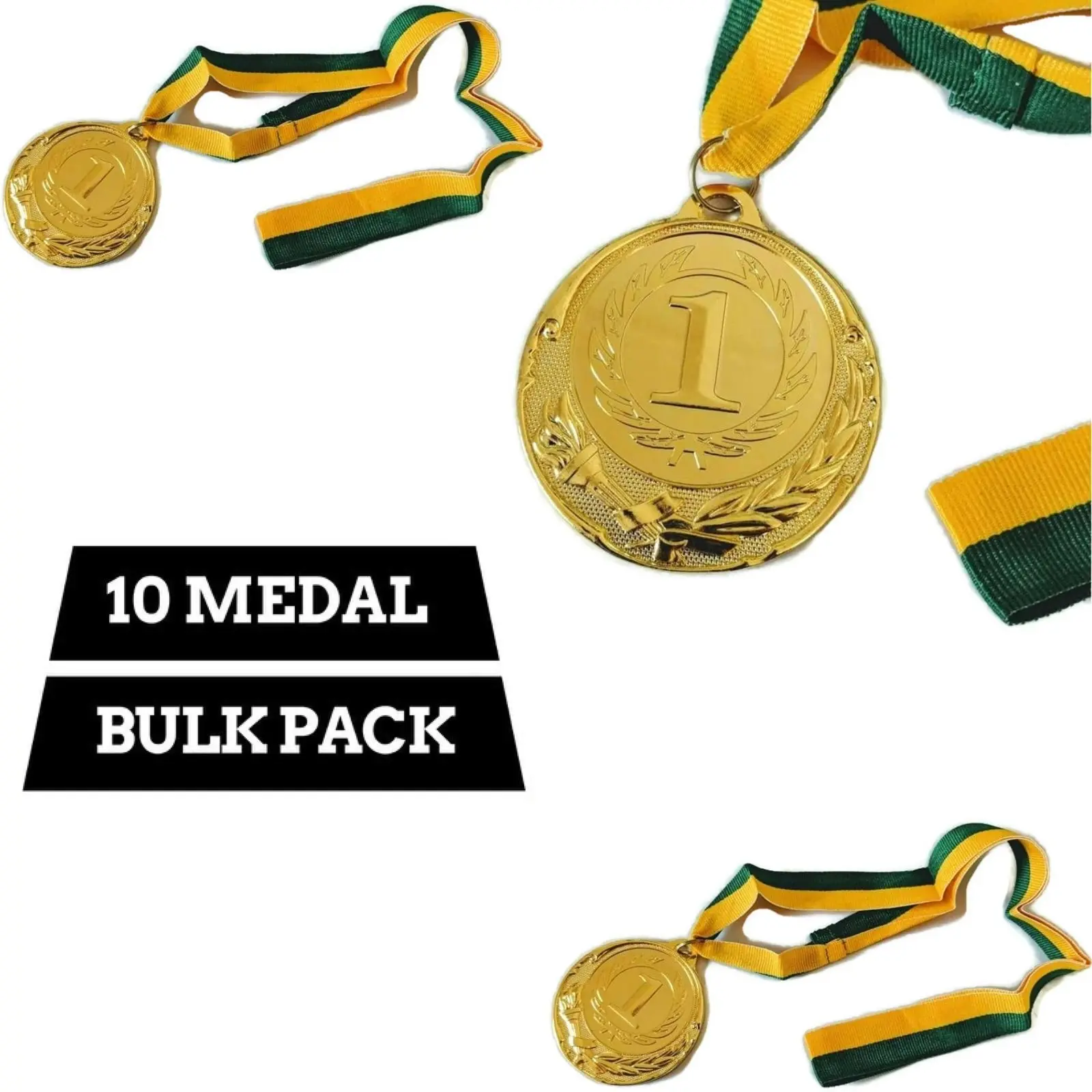 10x METAL WINNER GOLD MEDAL 1st Party Favours Sports Day 40cm Ribbon BULK