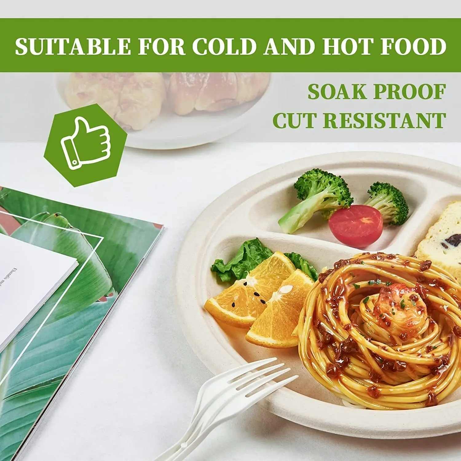 600pcs Disposable Sugarcane Bagasse 3-Compartment Paper Plates Eco 23cm (9") Bulk